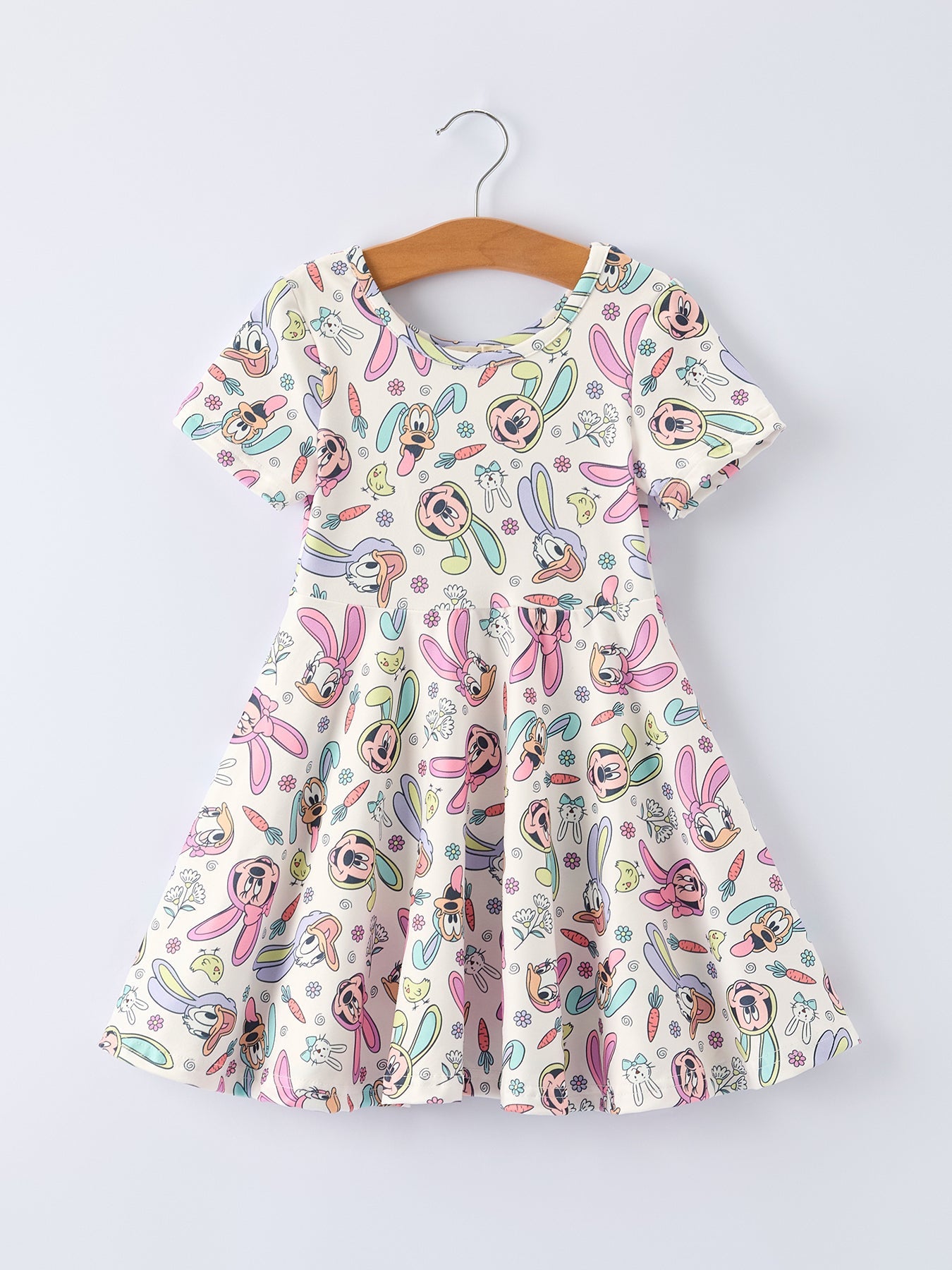 Easter Pastel Character Pattern Short Sleeve Girls Dress