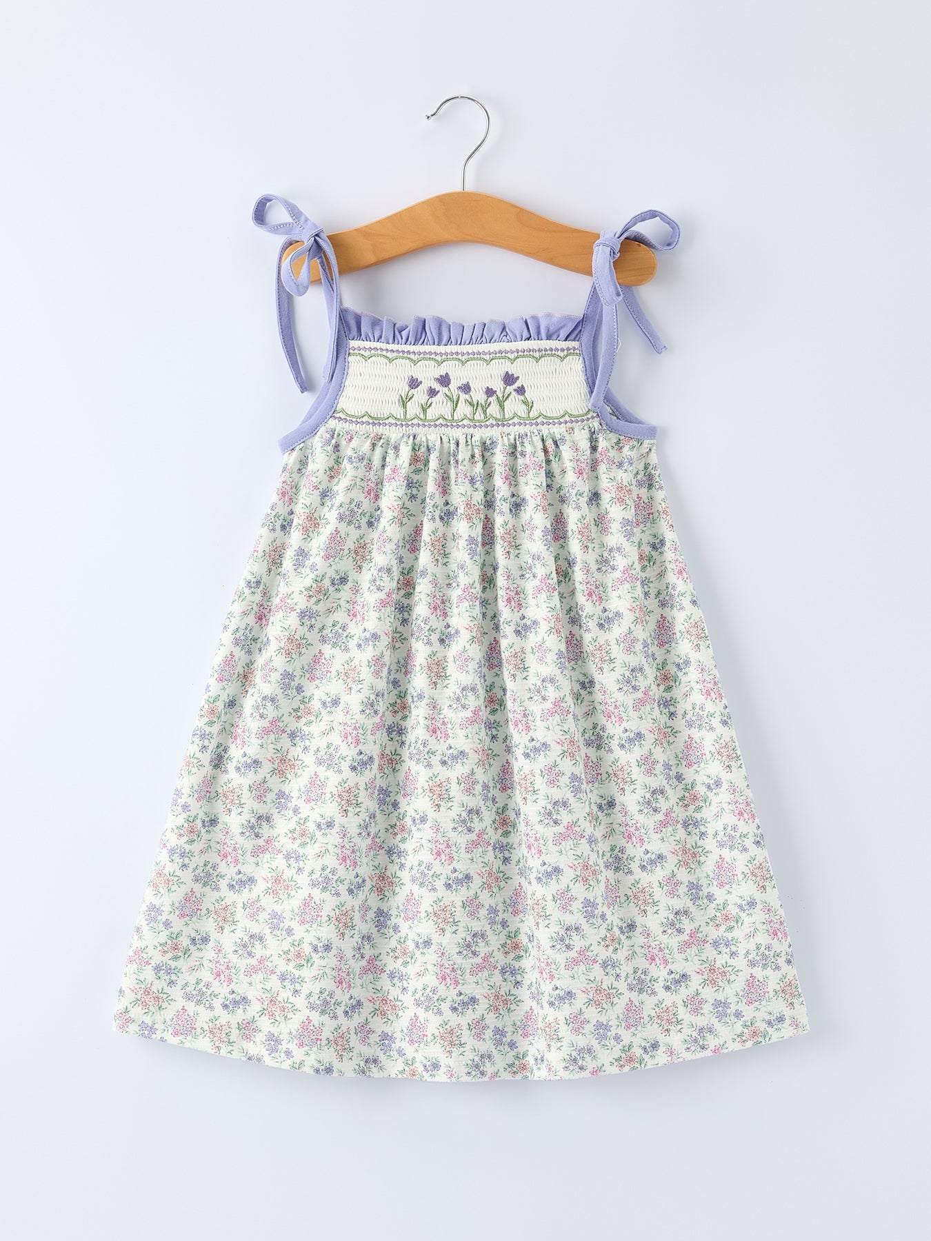 PREORDER  Spring Purple Floral Embroidered Smocked Bow Girl Dress
