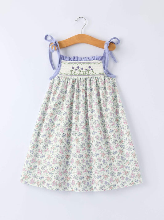 PREORDER  Spring Purple Floral Embroidered Smocked Bow Girl Dress