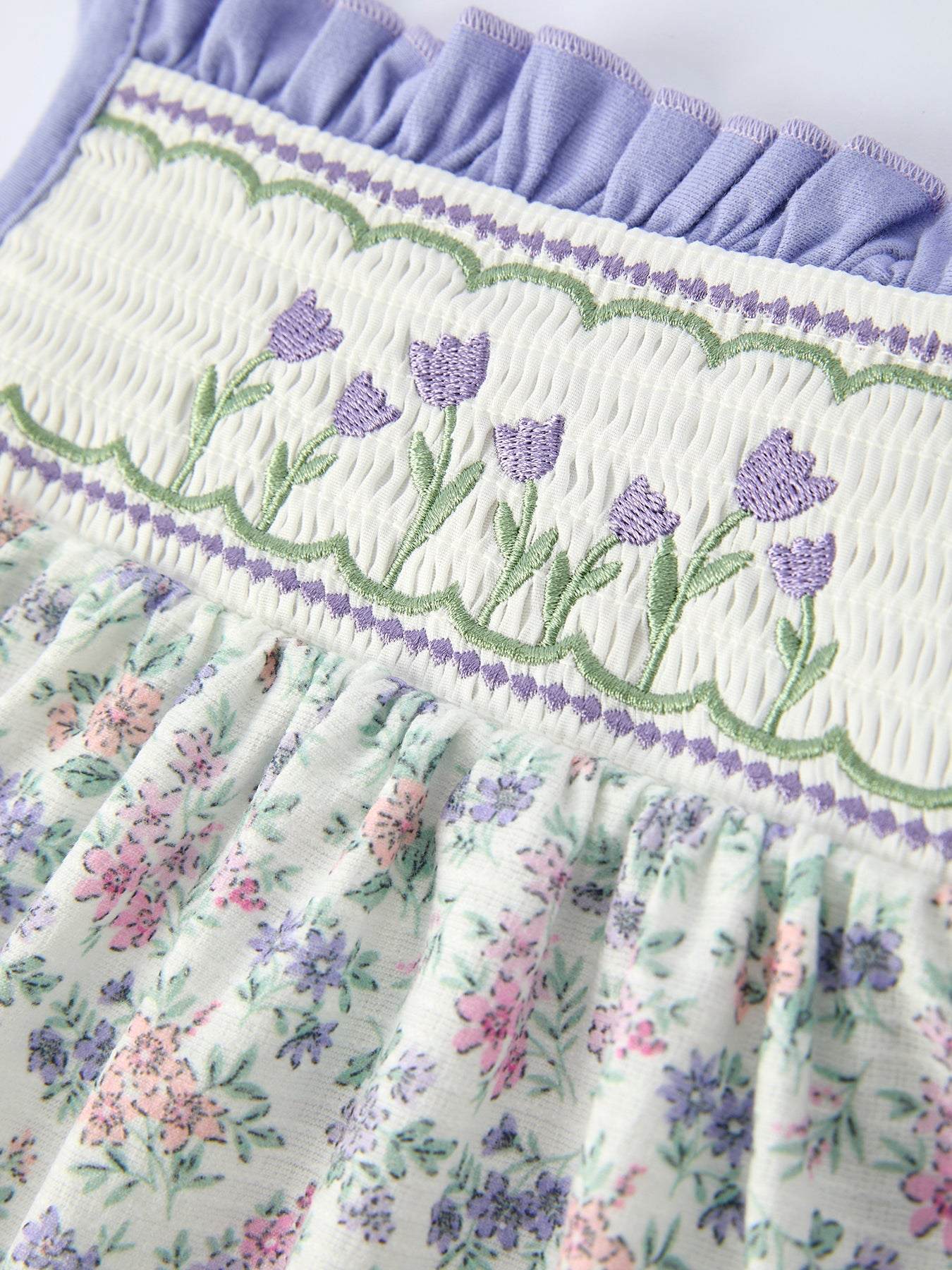 PREORDER  Spring Purple Floral Embroidered Smocked Bow Girl Dress