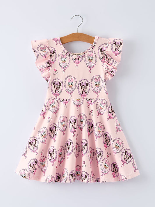 Pink Character Mirror Bow Print Girls' Dress