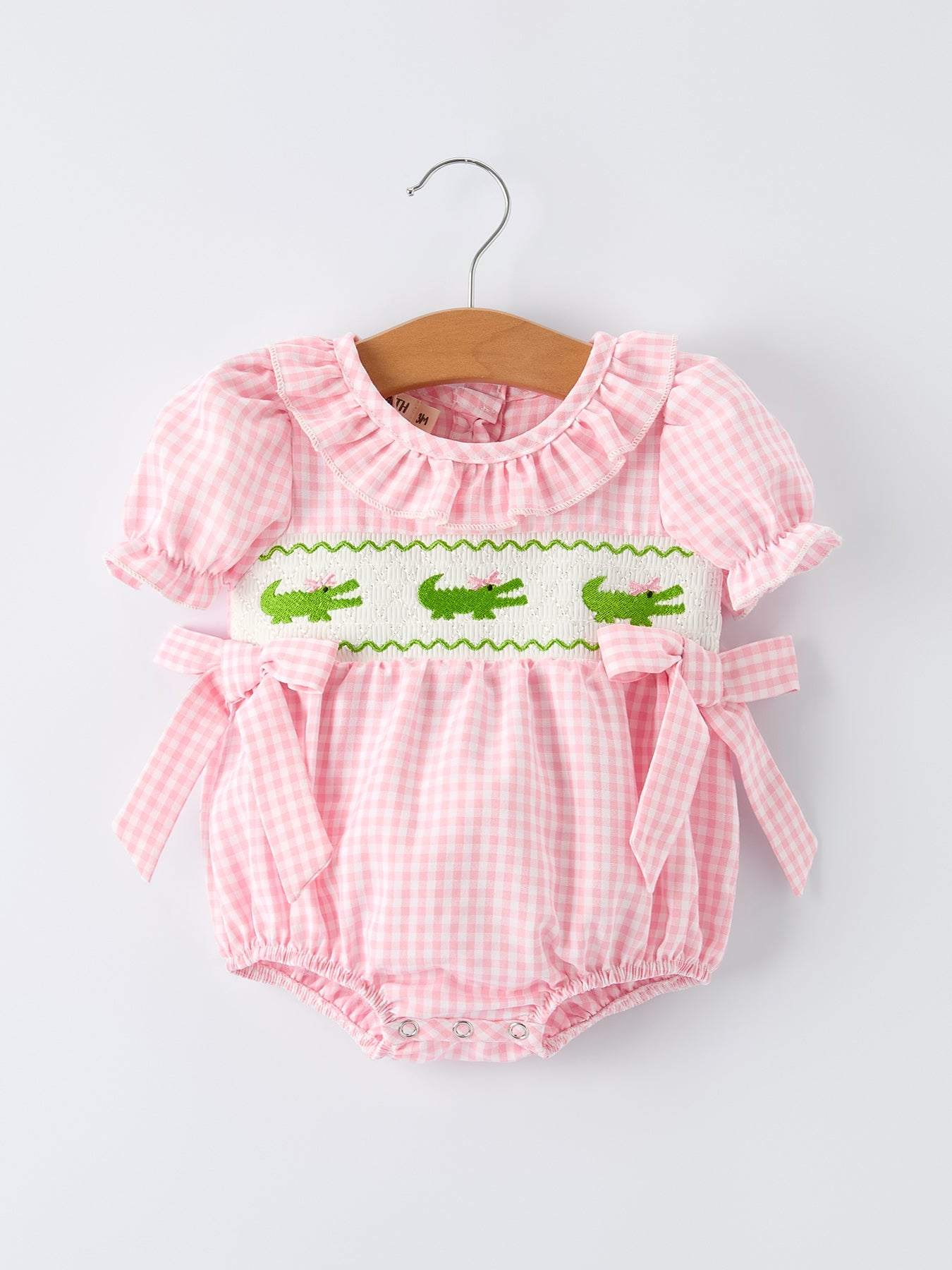 Baby Girls Summer Crocodile Embroidered Smocked Romper front view