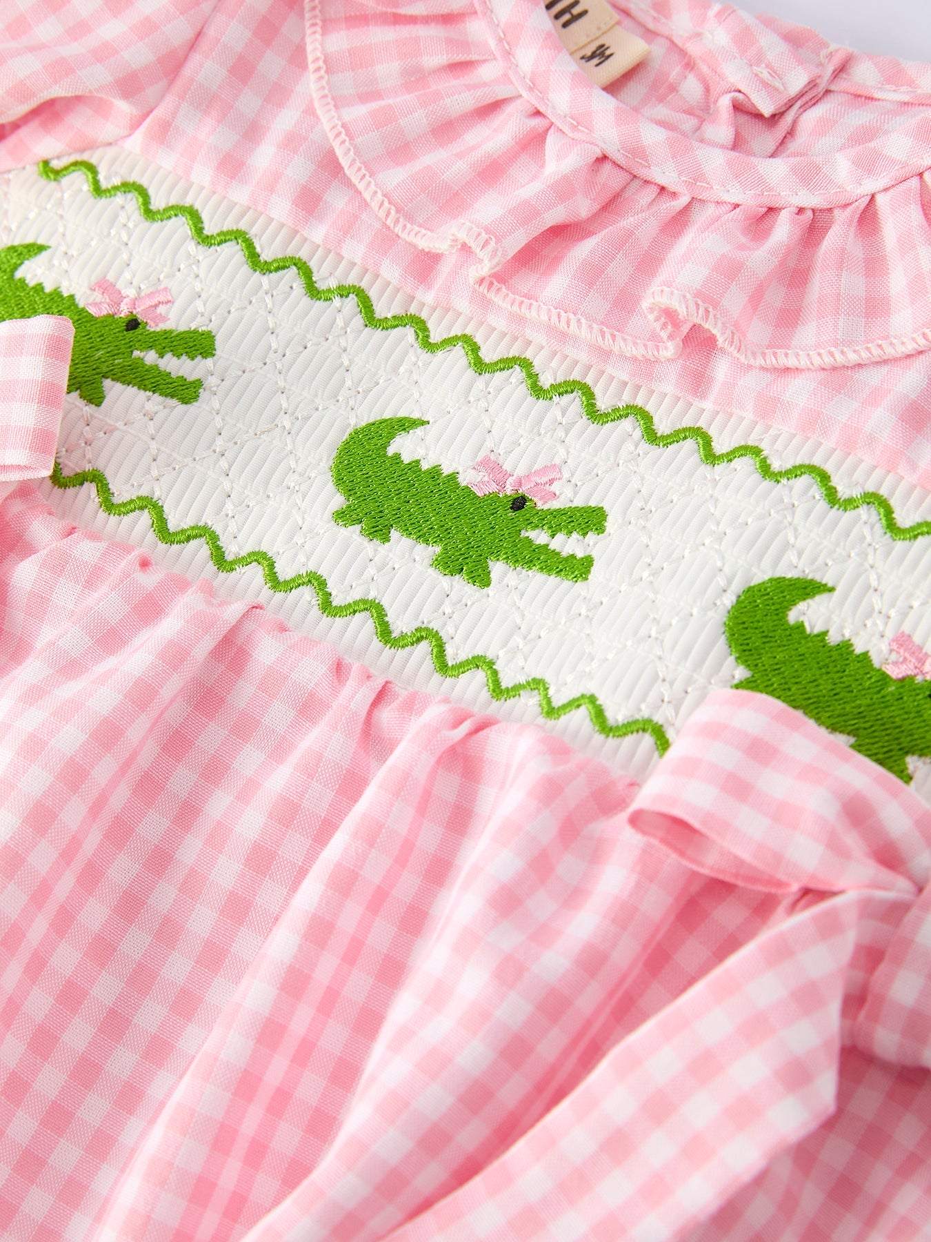 Baby Girls Summer Crocodile Embroidered Smocked Romper back view