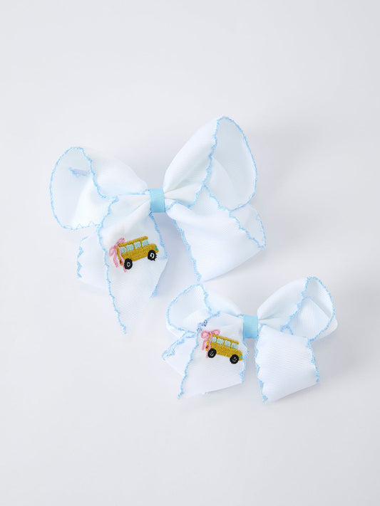 Back-to-school truck appliqué girls hairpin front view