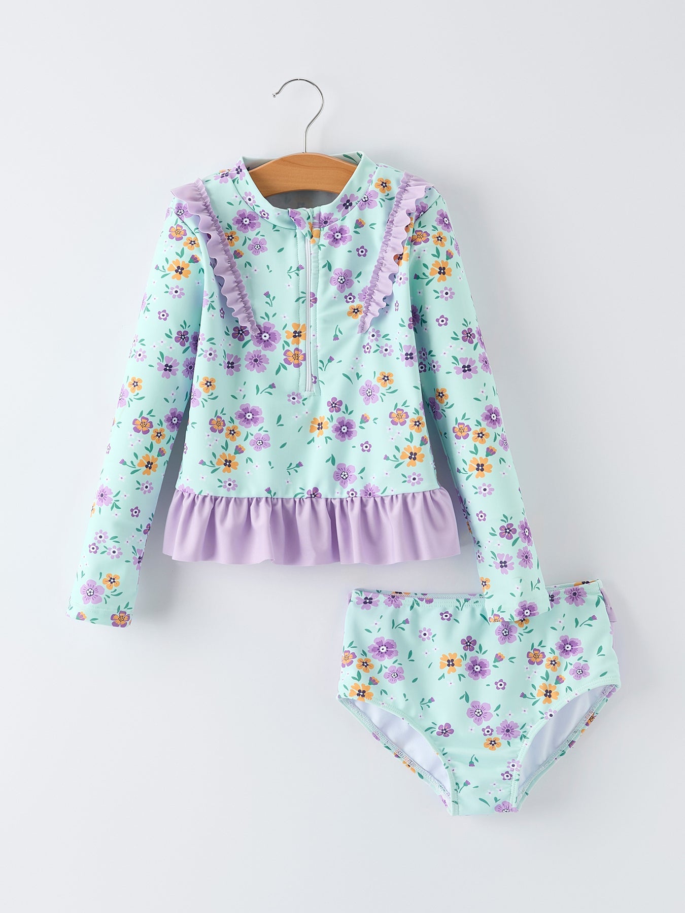 Summer mint floral long sleeve girl swimwear set front view