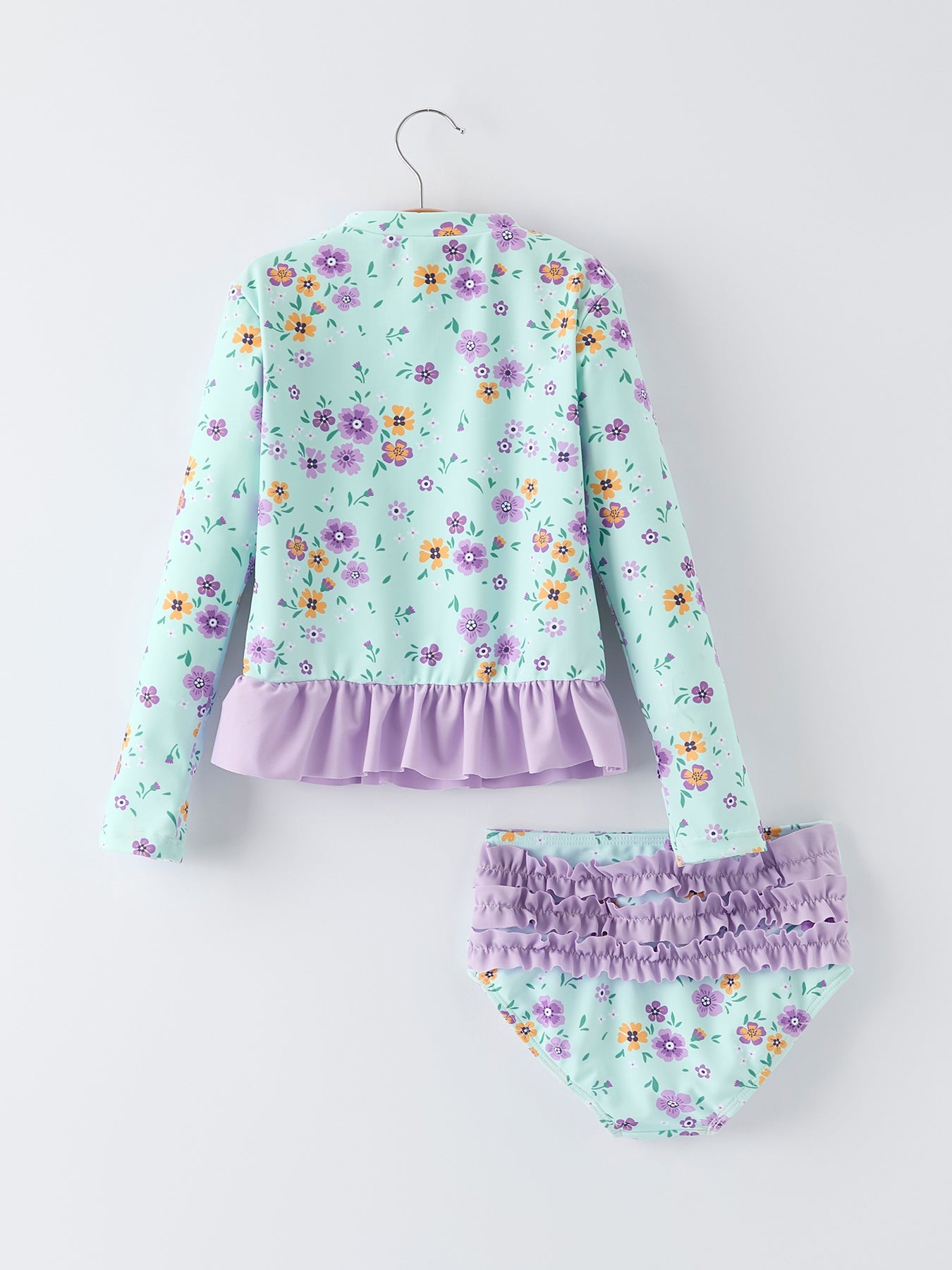 Mint floral long sleeve swim set detail view