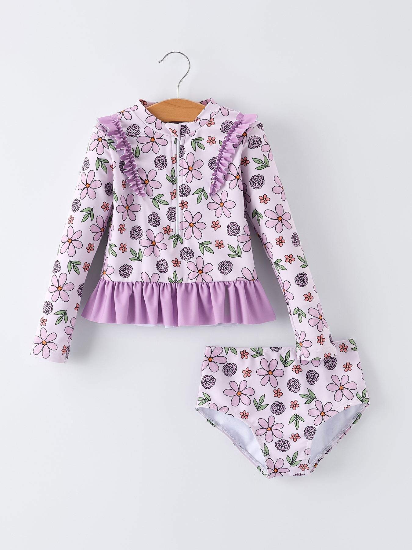 Summer Purple Floral Long Sleeve Girl Swimwear Set swimsuit front view