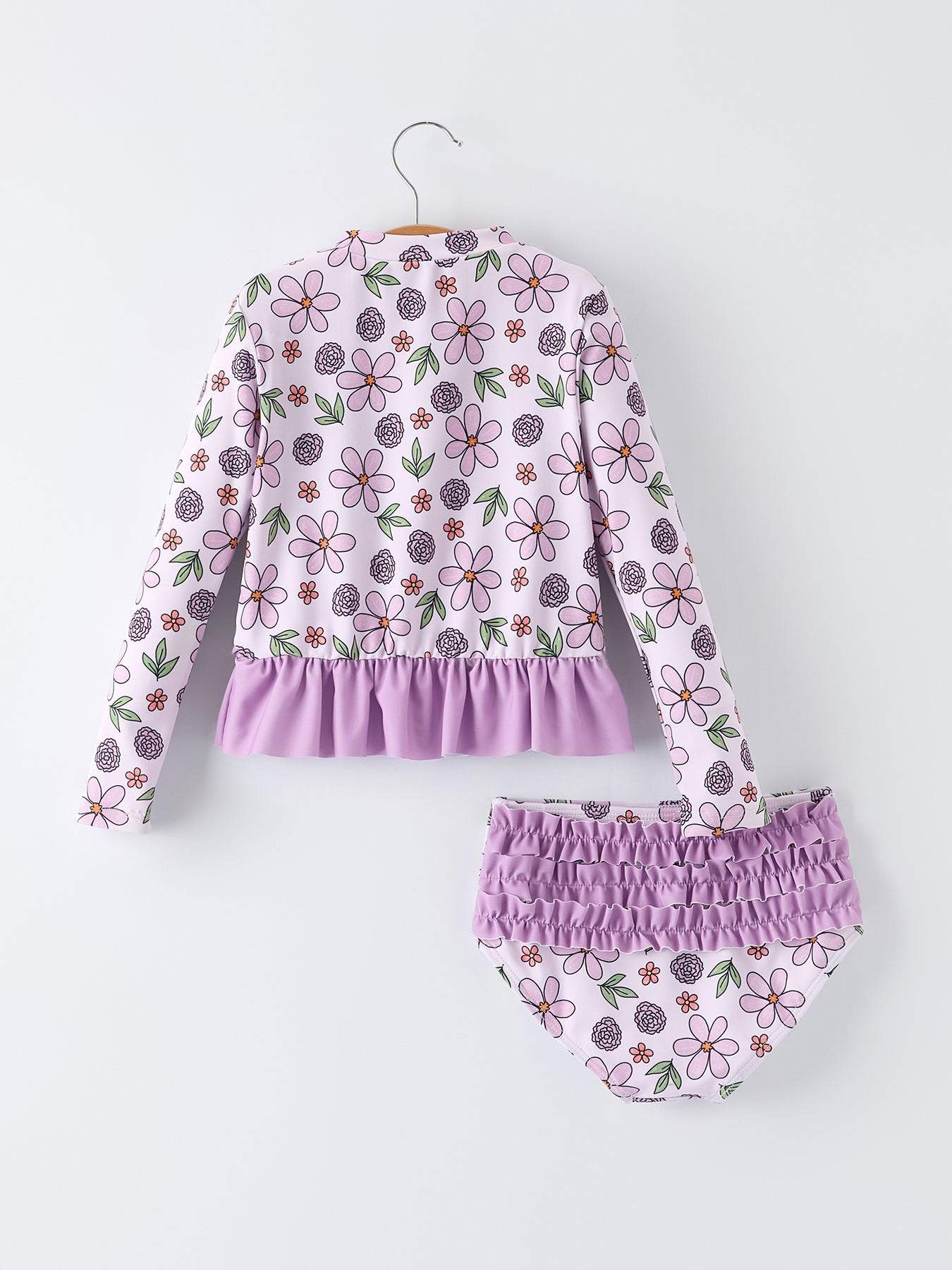 Summer Purple Floral Long Sleeve Girl Swimwear Set swimsuit detail view