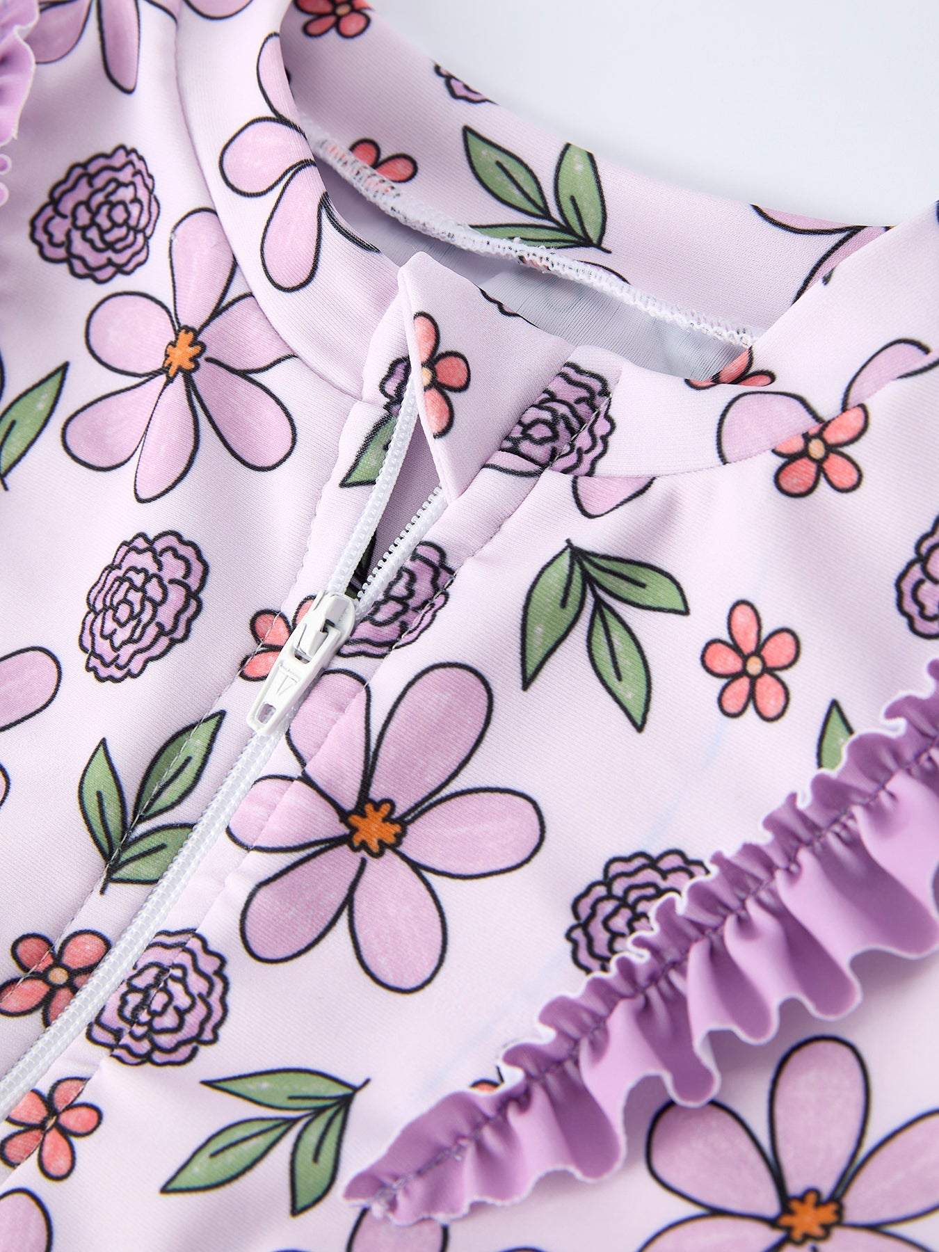 Summer Purple Floral Long Sleeve Girl Swimwear Set swimsuit side view