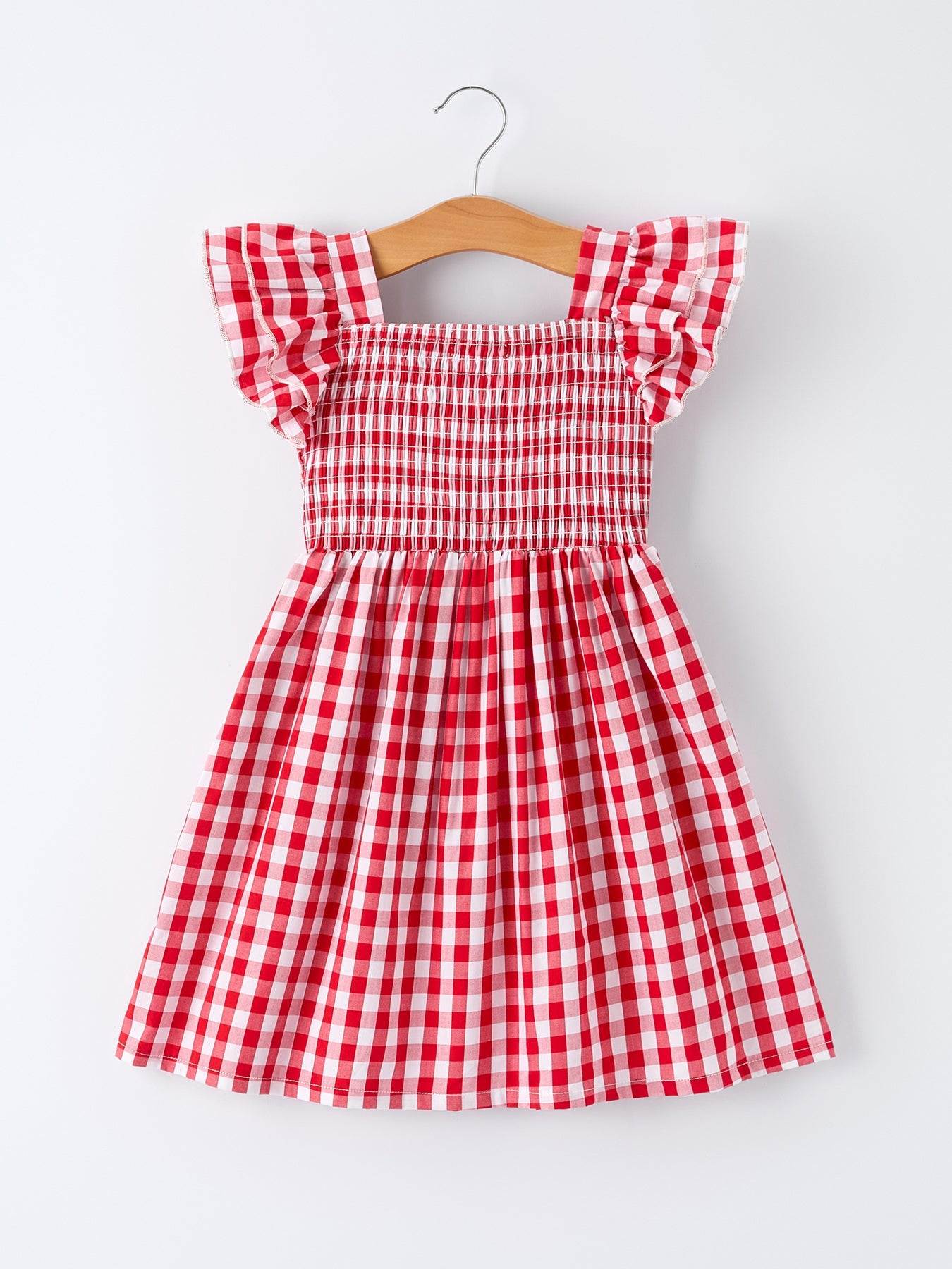 Summer Plaid Smocked Ruffle Girl Dress Sibling Outfits detail view