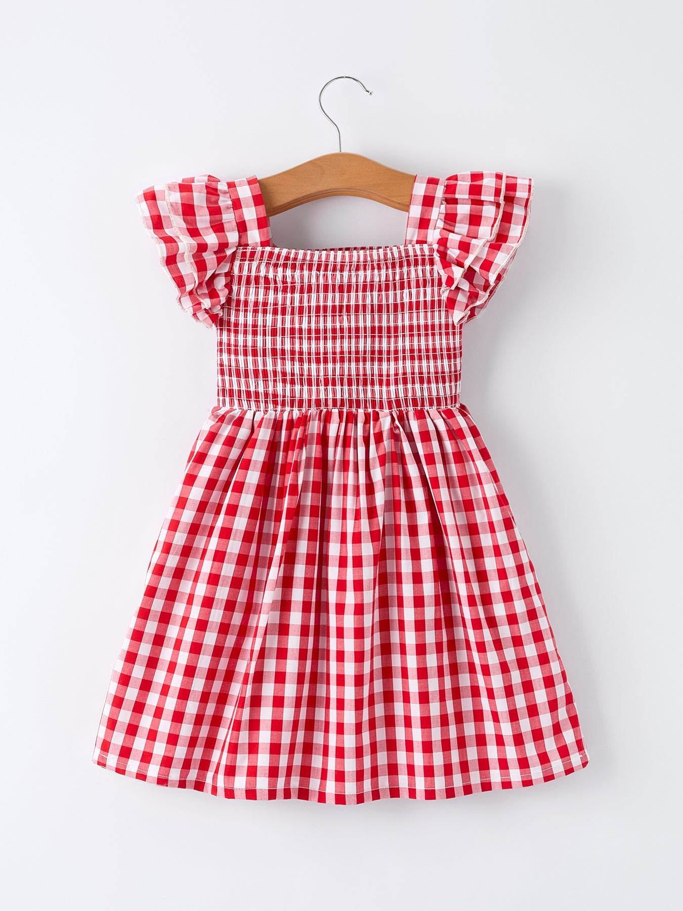 Summer Plaid Smocked Ruffle Girl Dress Sibling Outfits back view