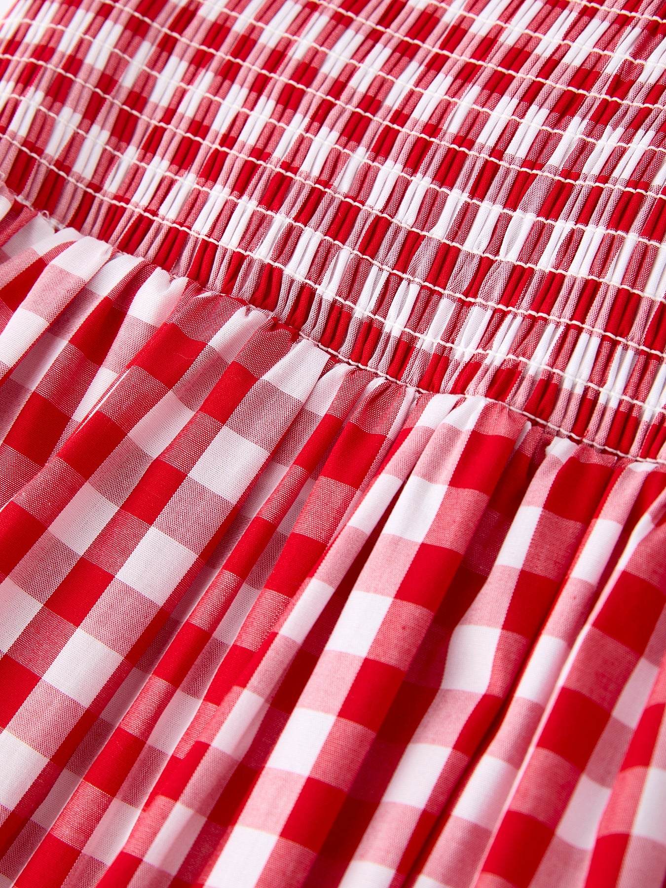 Summer Plaid Smocked Ruffle Girl Dress Sibling Outfits fabric and material close-up