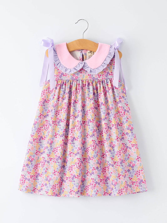 Summer Purple Floral Bow Ruffle Girls Dress