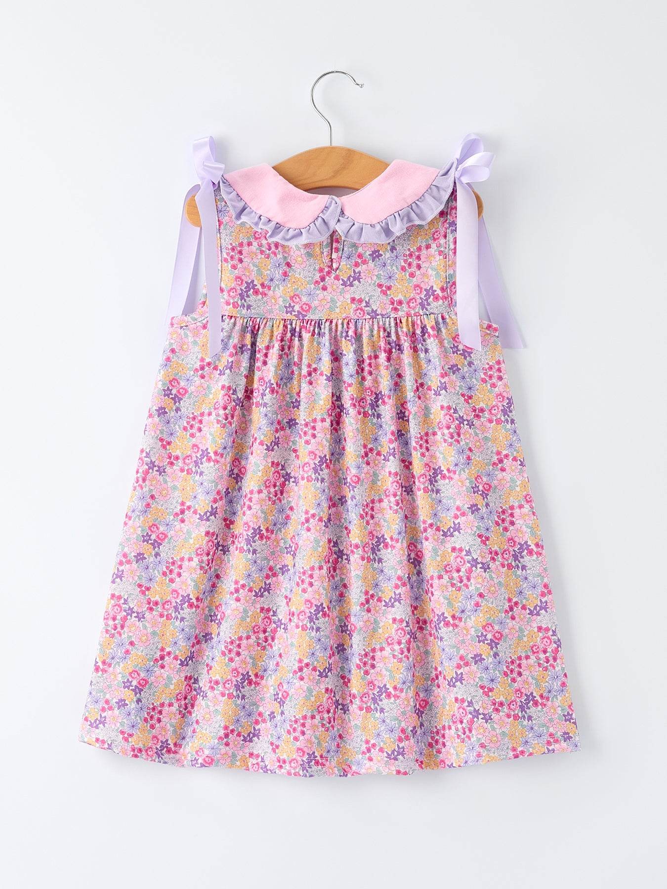 Summer Purple Floral Bow Ruffle Girls Dress