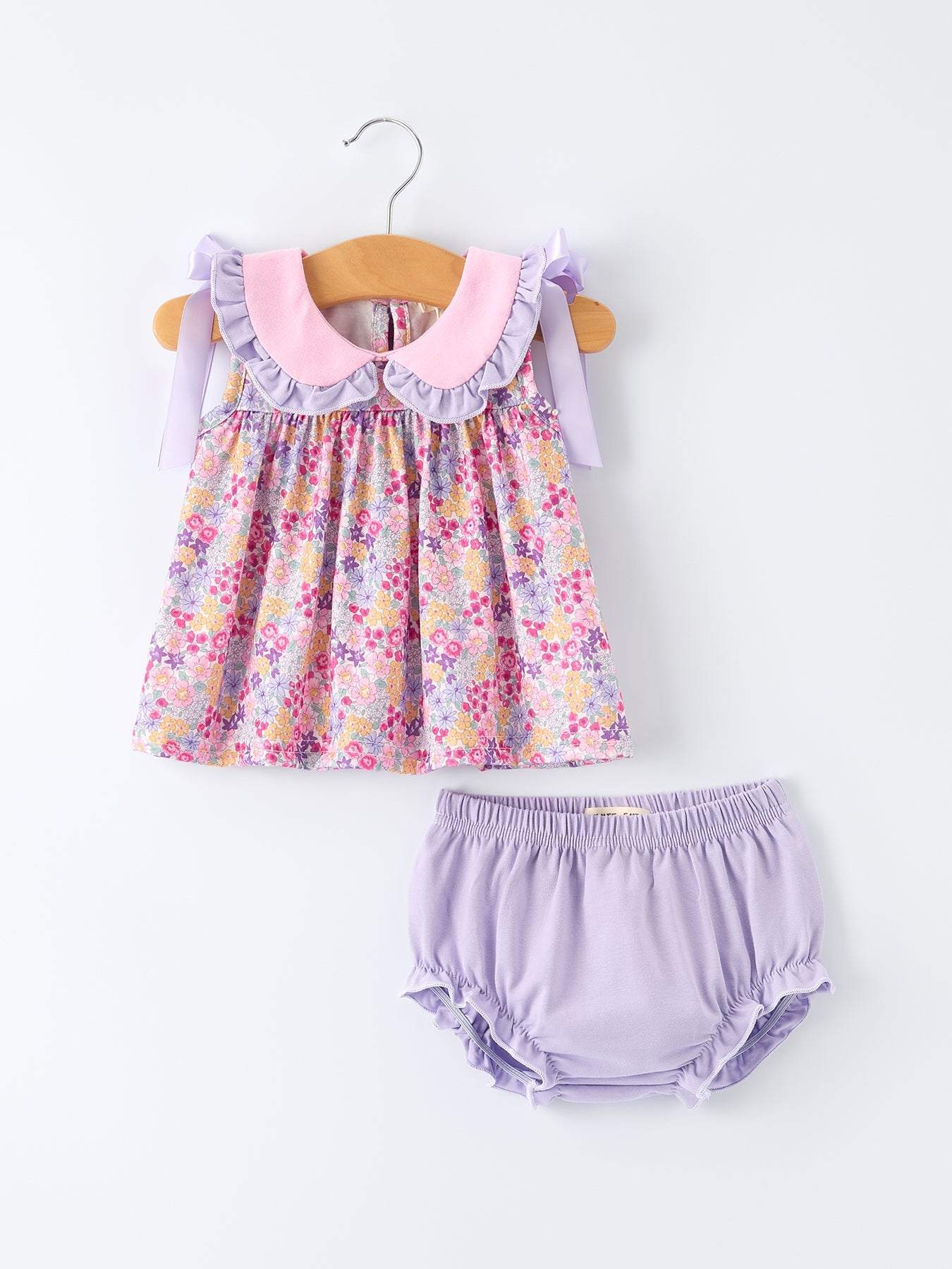 Spring Purple Floral Bow Ruffle Girl Bloomer Set outfit front view