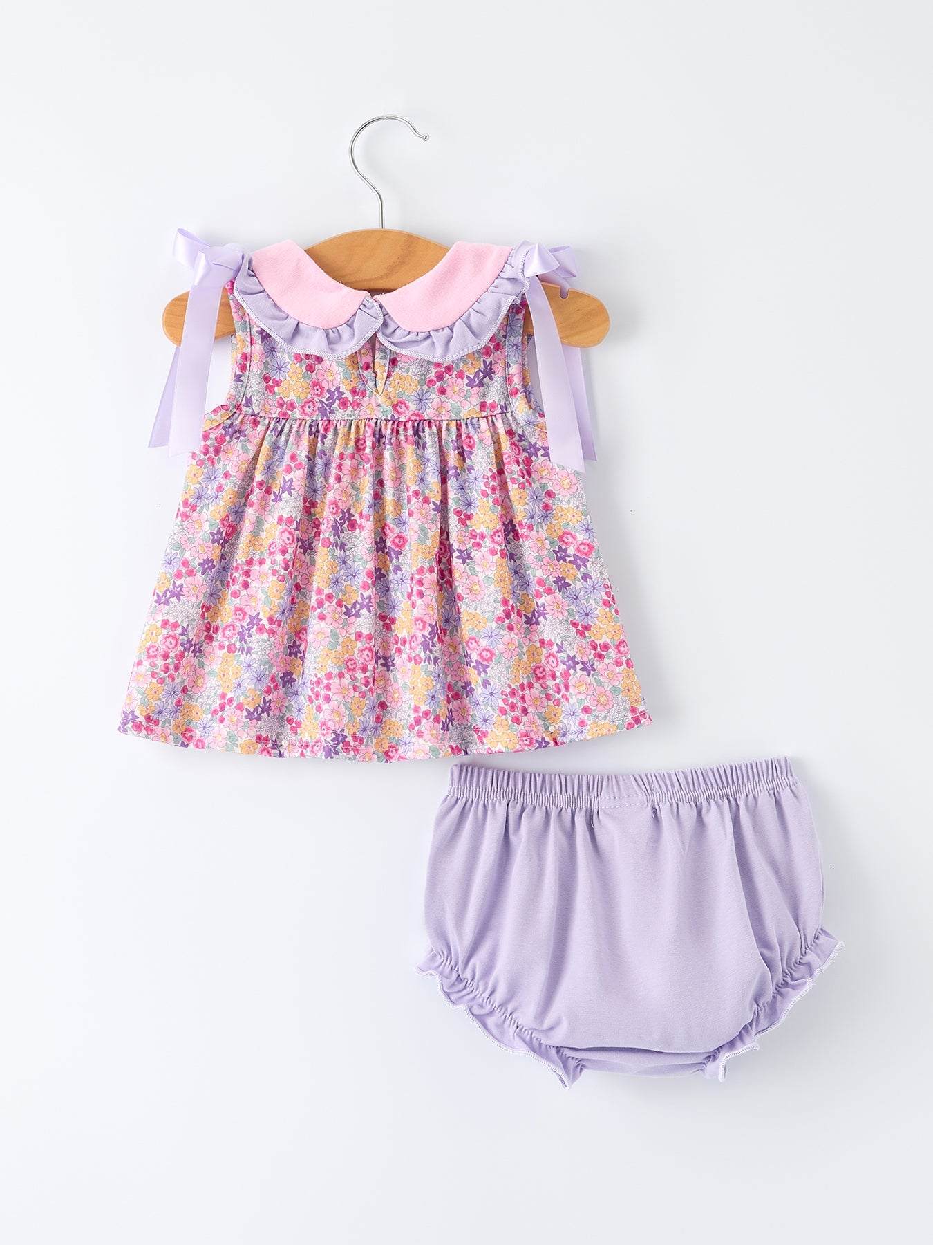 Spring Purple Floral Bow Ruffle Girl Bloomer Set outfit detail view