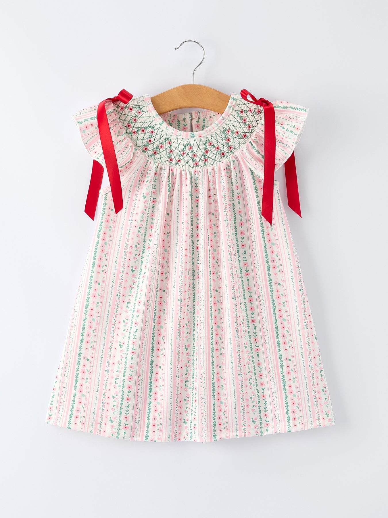 Pink Spring Floral Smocked Girl Dress front view