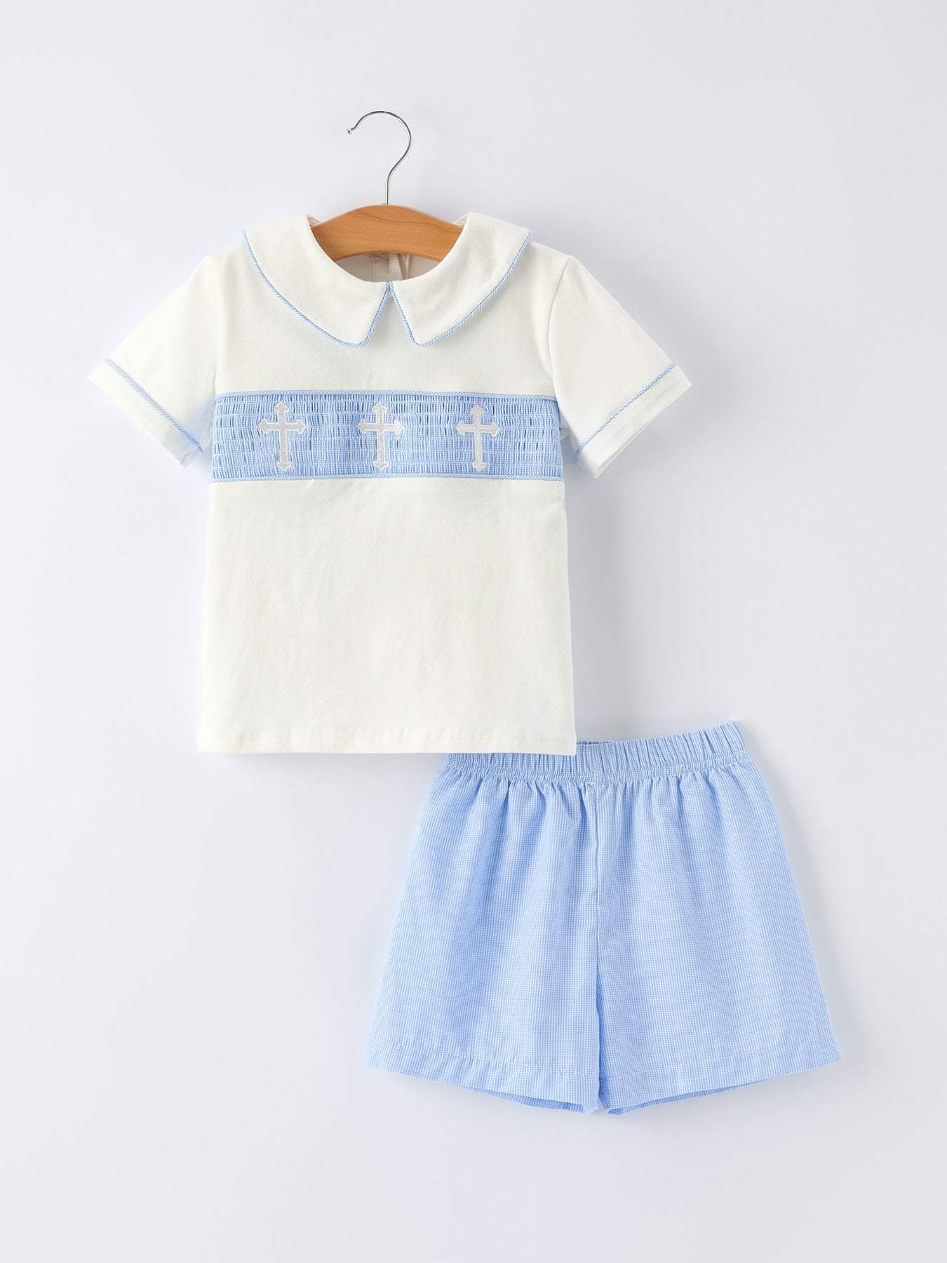 Blue Smocked Church Christ Bishop Christening Toddler Boys' Set outfit front view