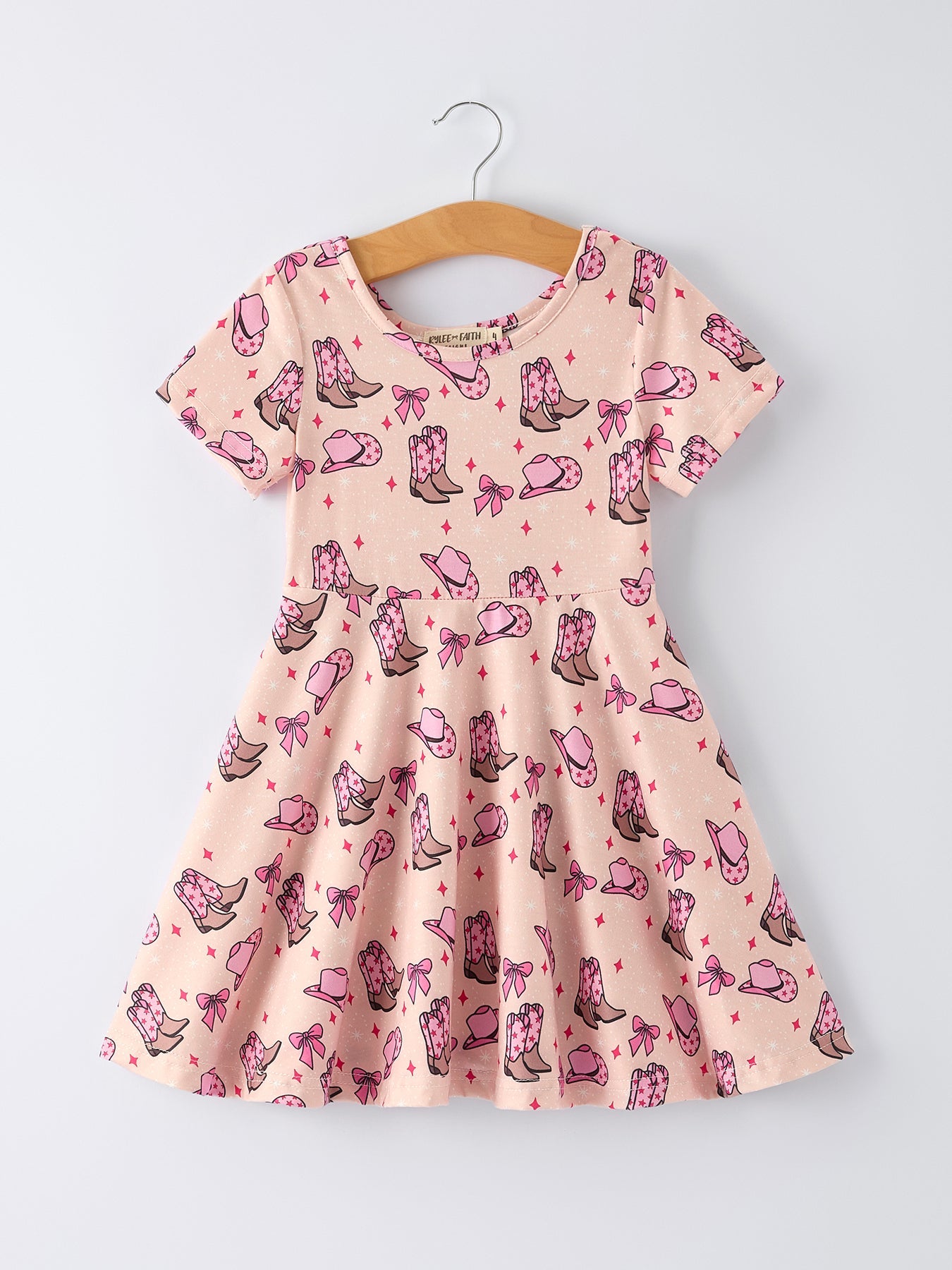 Western print girl short sleeve dress front view