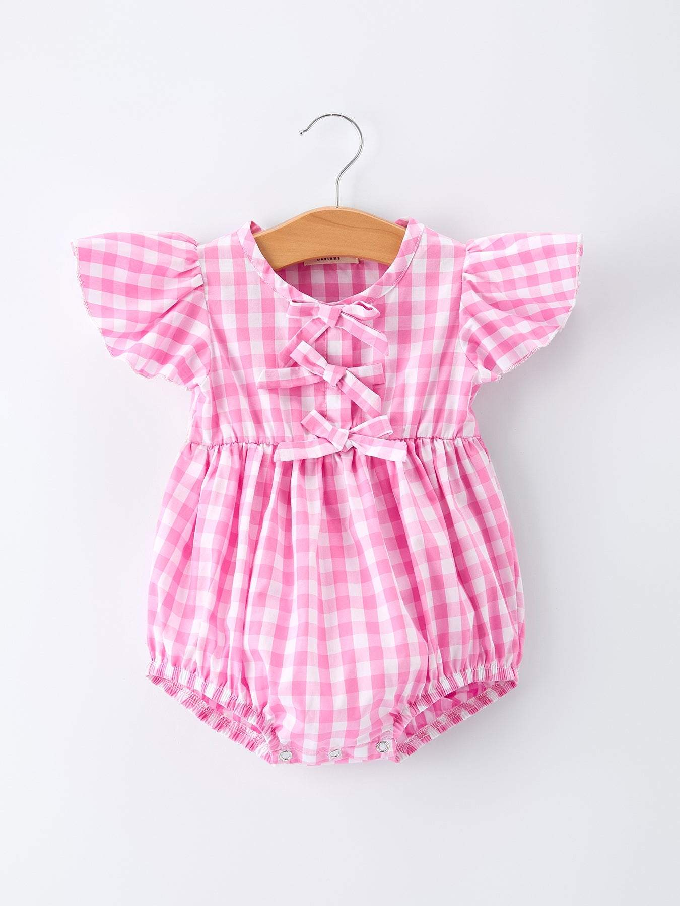 Spring Plaid Baby Girls Romper Bow Flutter Sleeve, front view