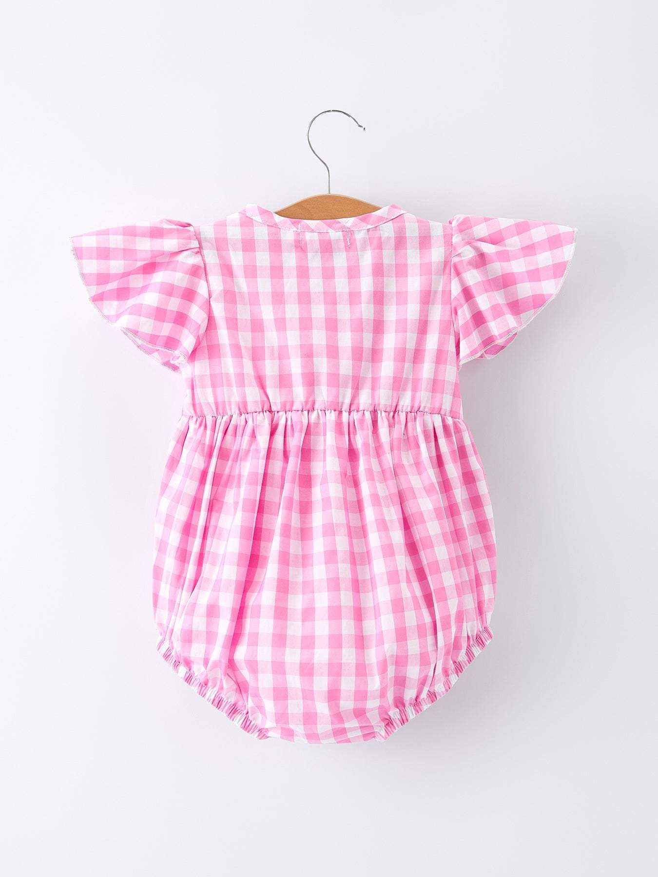 Spring Plaid Baby Girls Romper Bow Flutter Sleeve, detail view
