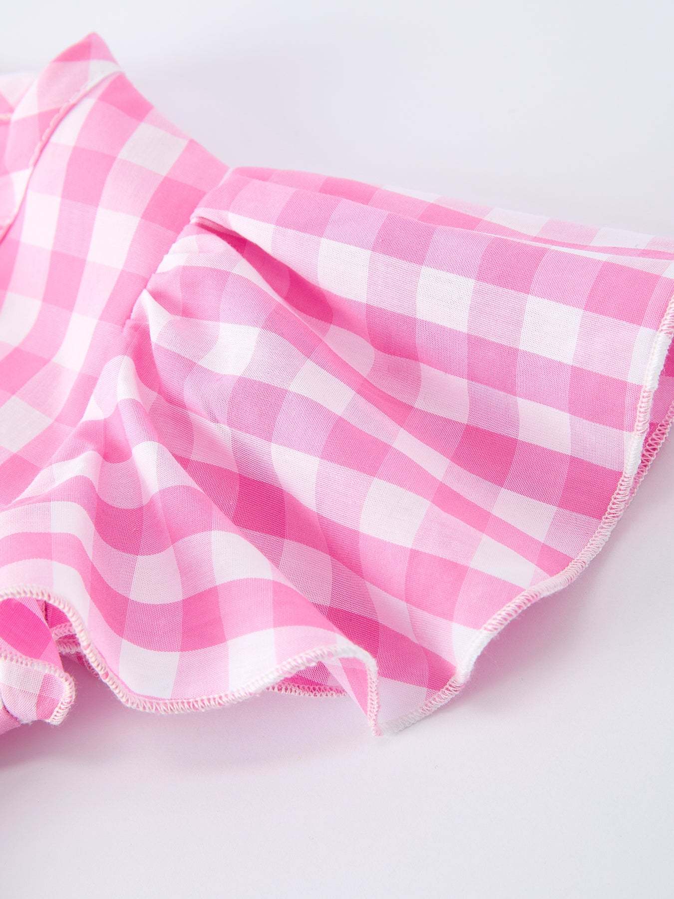 Spring Plaid Baby Girls Romper Bow Flutter Sleeve, fabric and material close-up