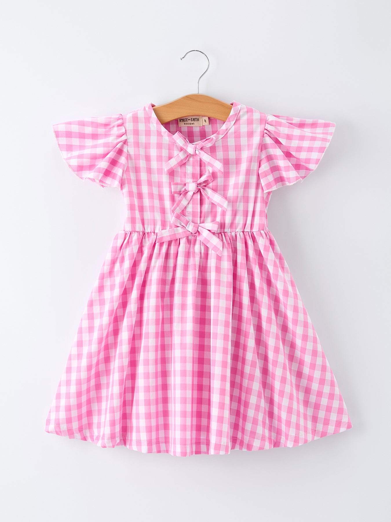 Spring Plaid Girls Dress Bow Flutter Sleeve - front view