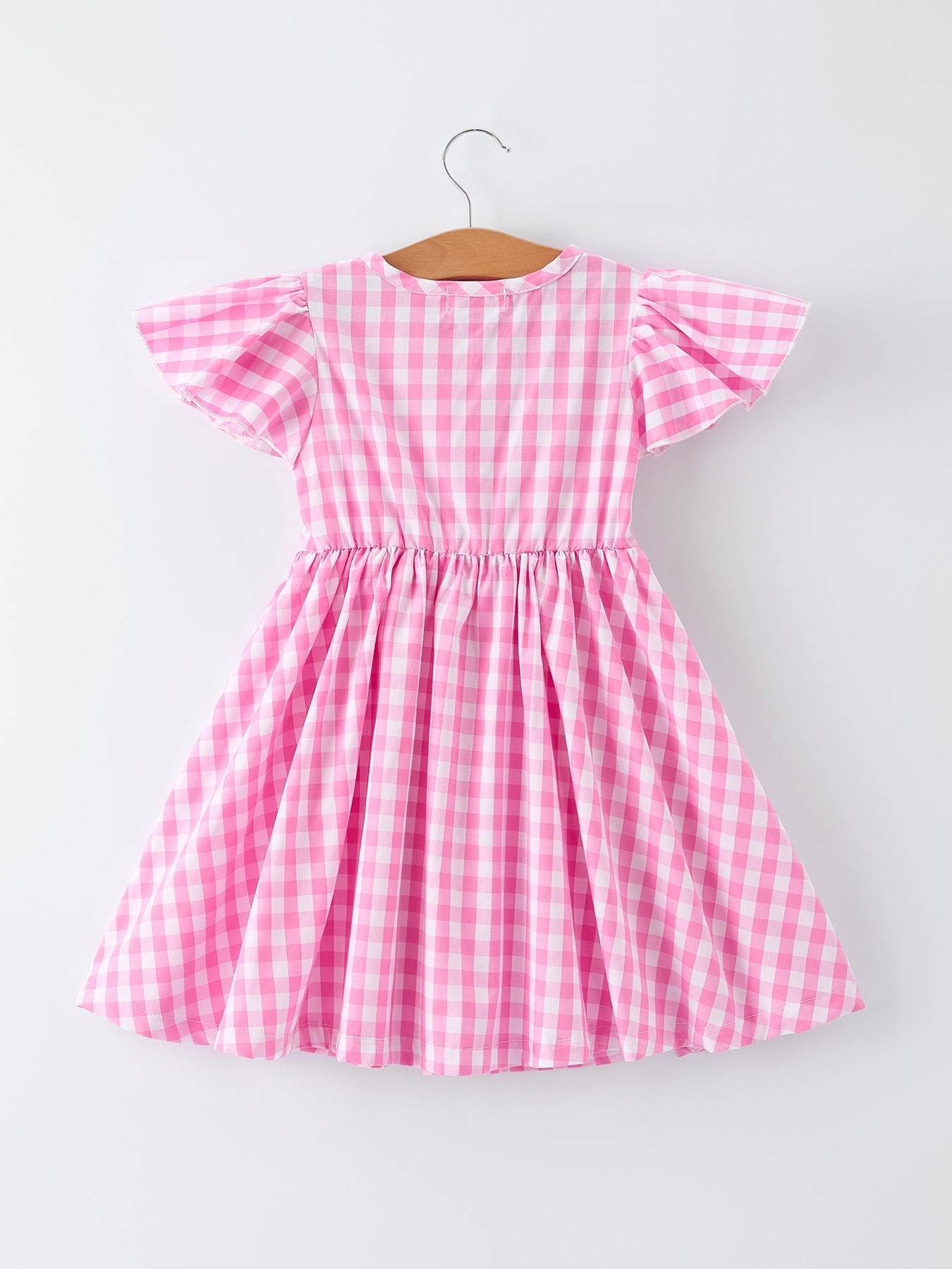 Spring Plaid Girls Dress Bow Flutter Sleeve - detail view