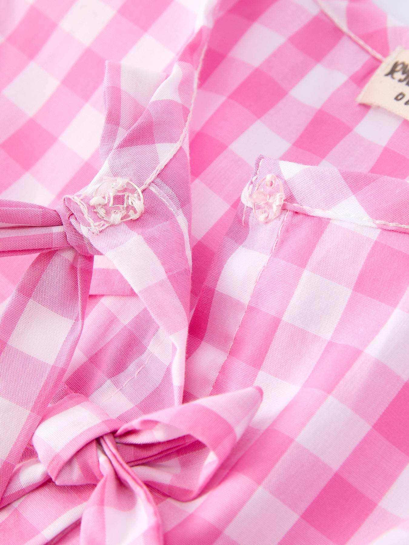 Spring Plaid Girls Dress Bow Flutter Sleeve - fabric and material close-up