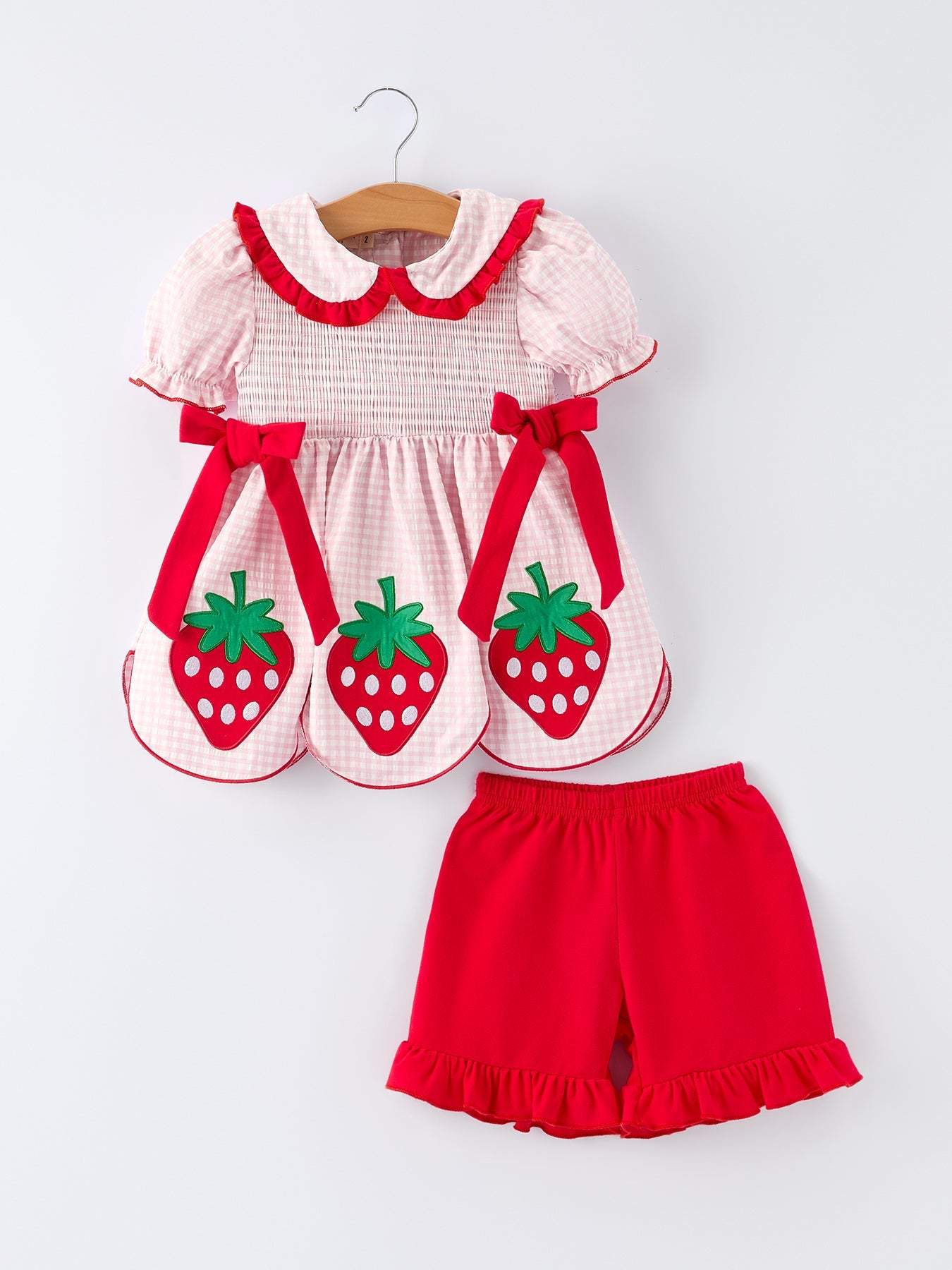 Girls' Plaid Smocked Strawberry Applique Shorts Set pajamas front view