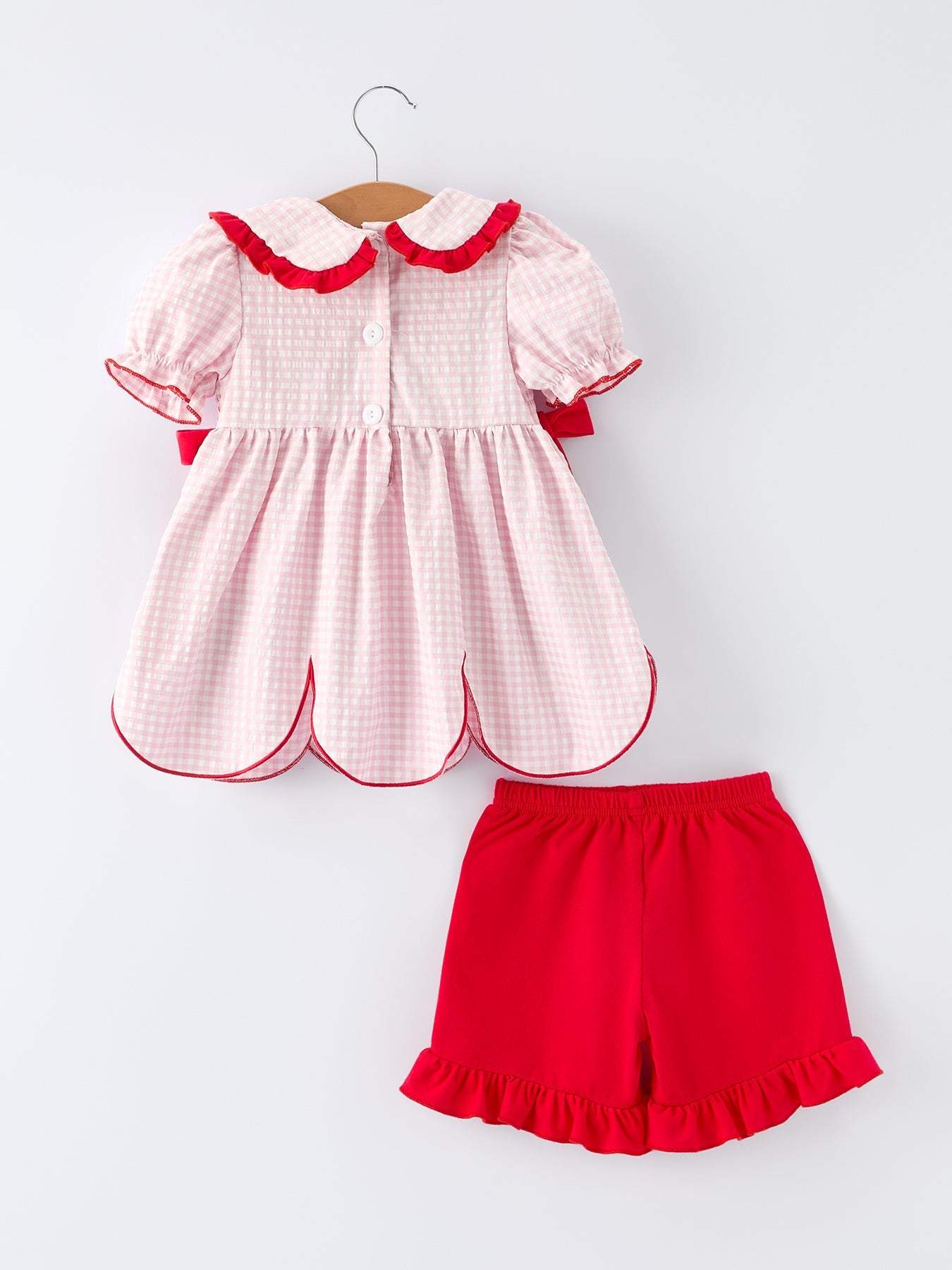 Girls' Plaid Smocked Strawberry Applique Shorts Set pajamas detail view