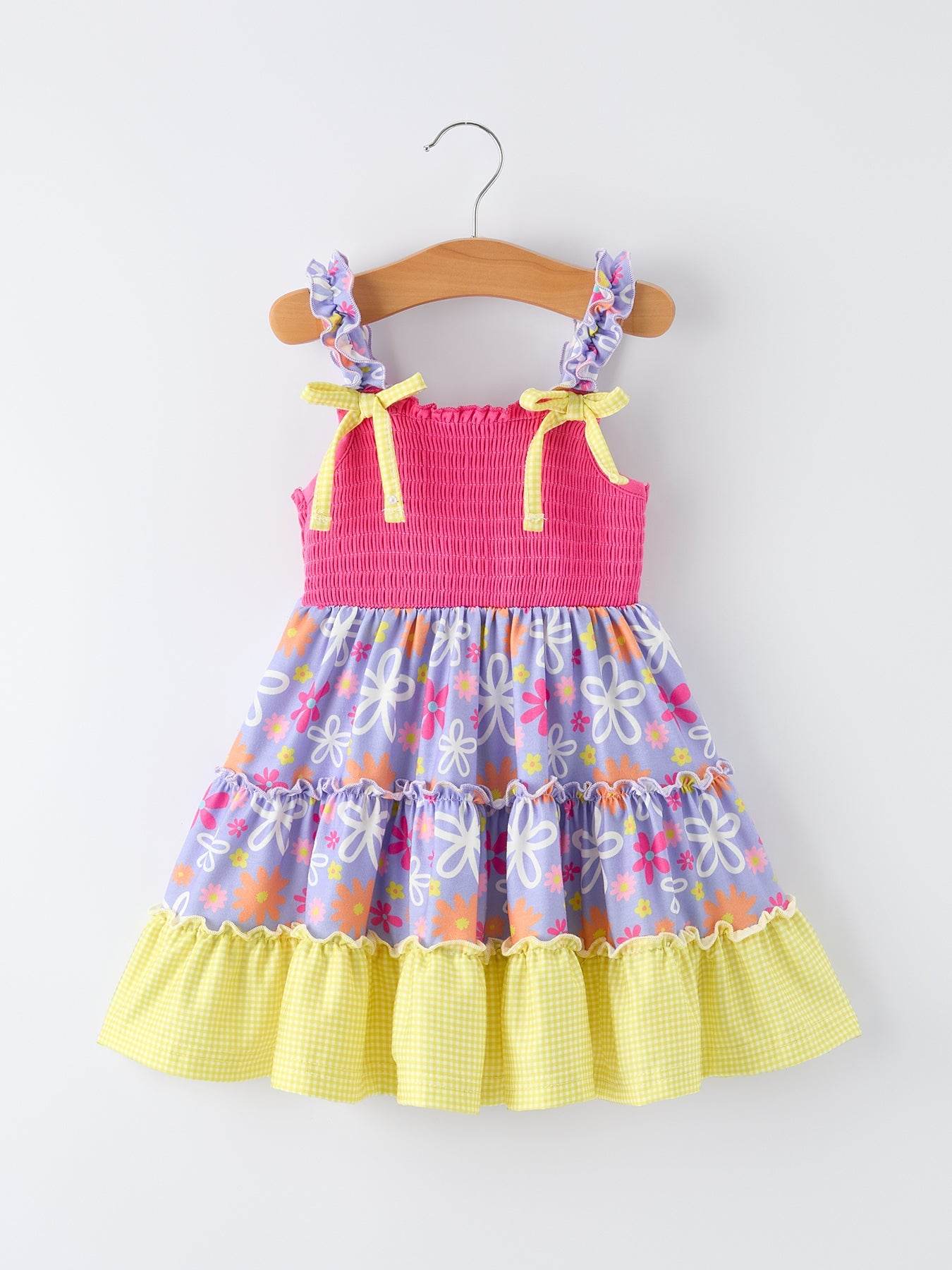 Summer Floral Girls Bow Ruffle Smocked Dress front view