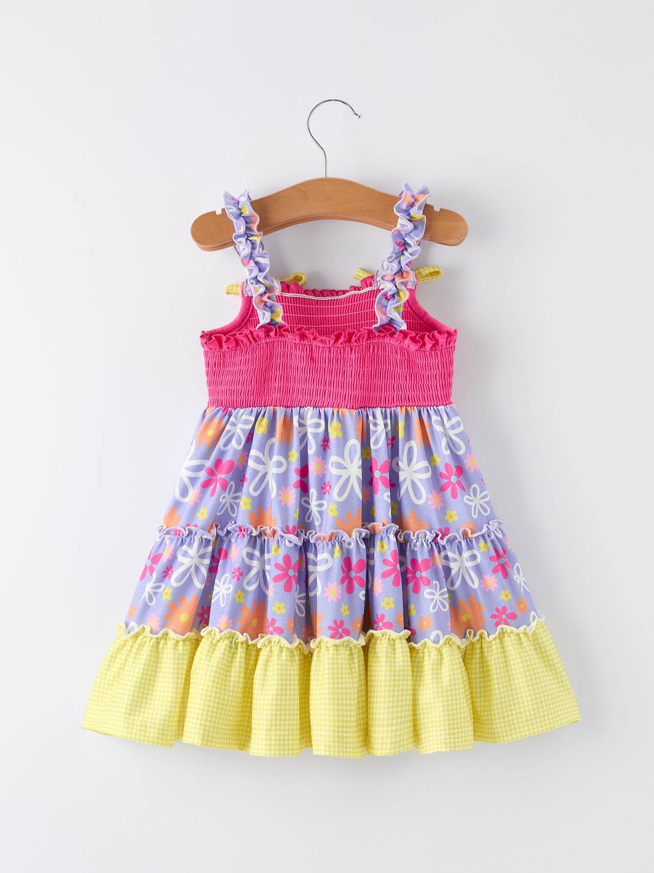 Summer Floral Girls Bow Ruffle Smocked Dress detail view