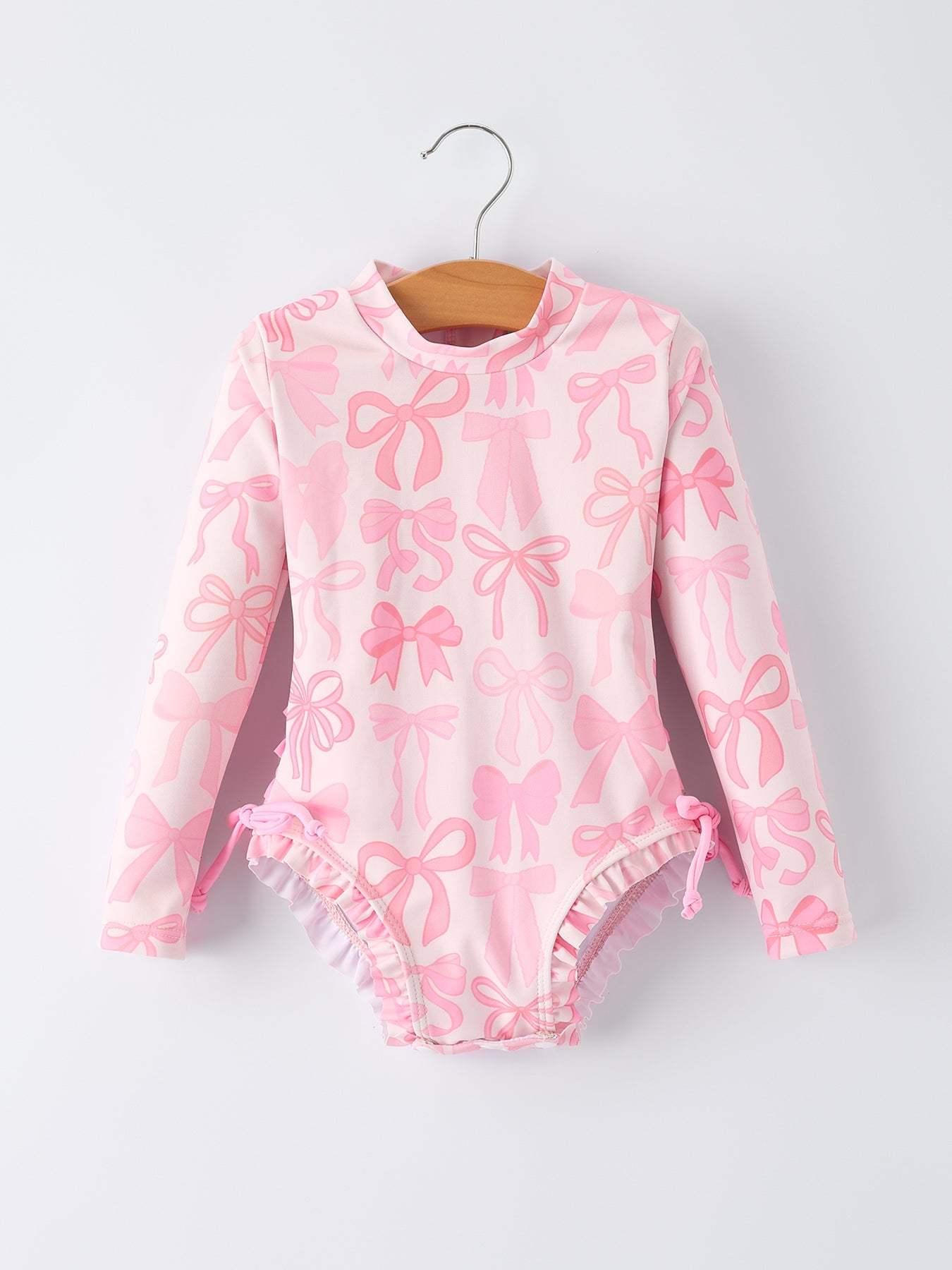 Summer Bow Print Girls Long Sleeve Ruffle One Piece Swimsuit