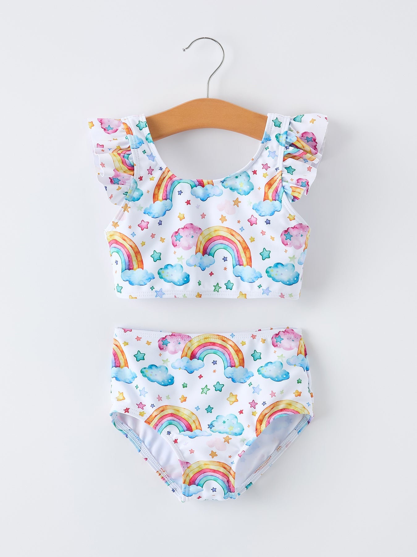 Summer rainbow print ruffle baby girl swim set front view