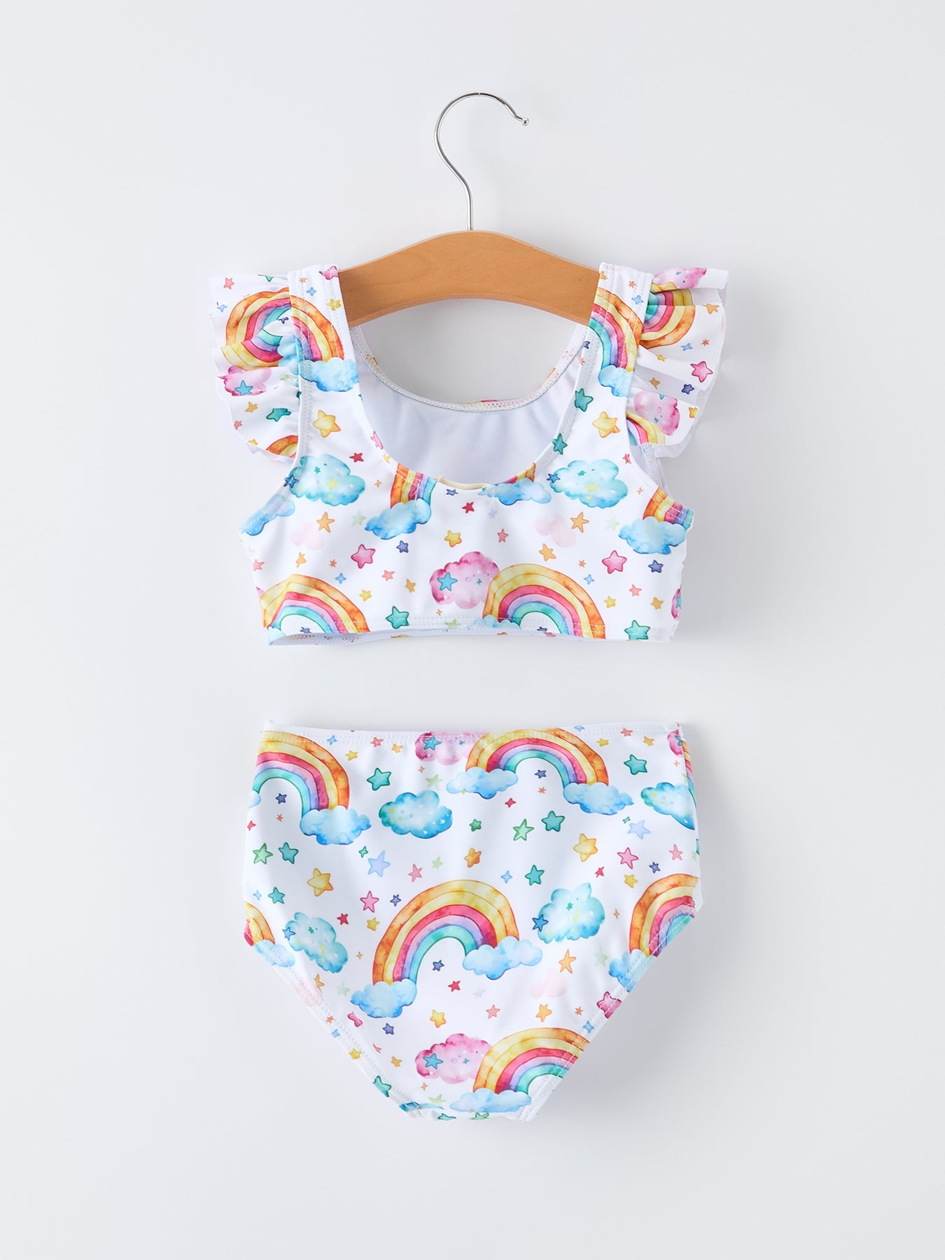 Rainbow print ruffle baby swim set detail view
