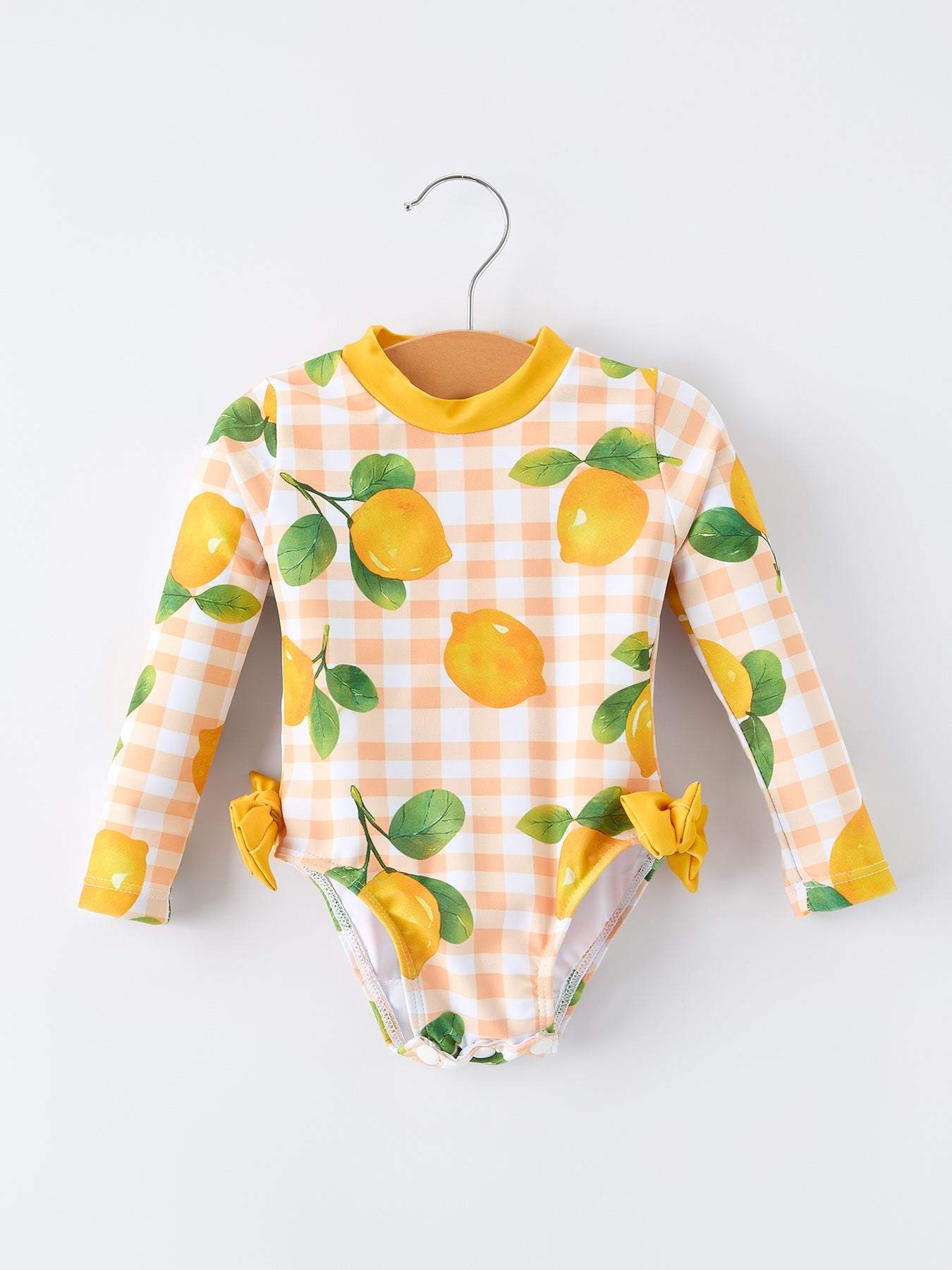 Lemon Print Long Sleeve Girls One Piece Swimsuit front view