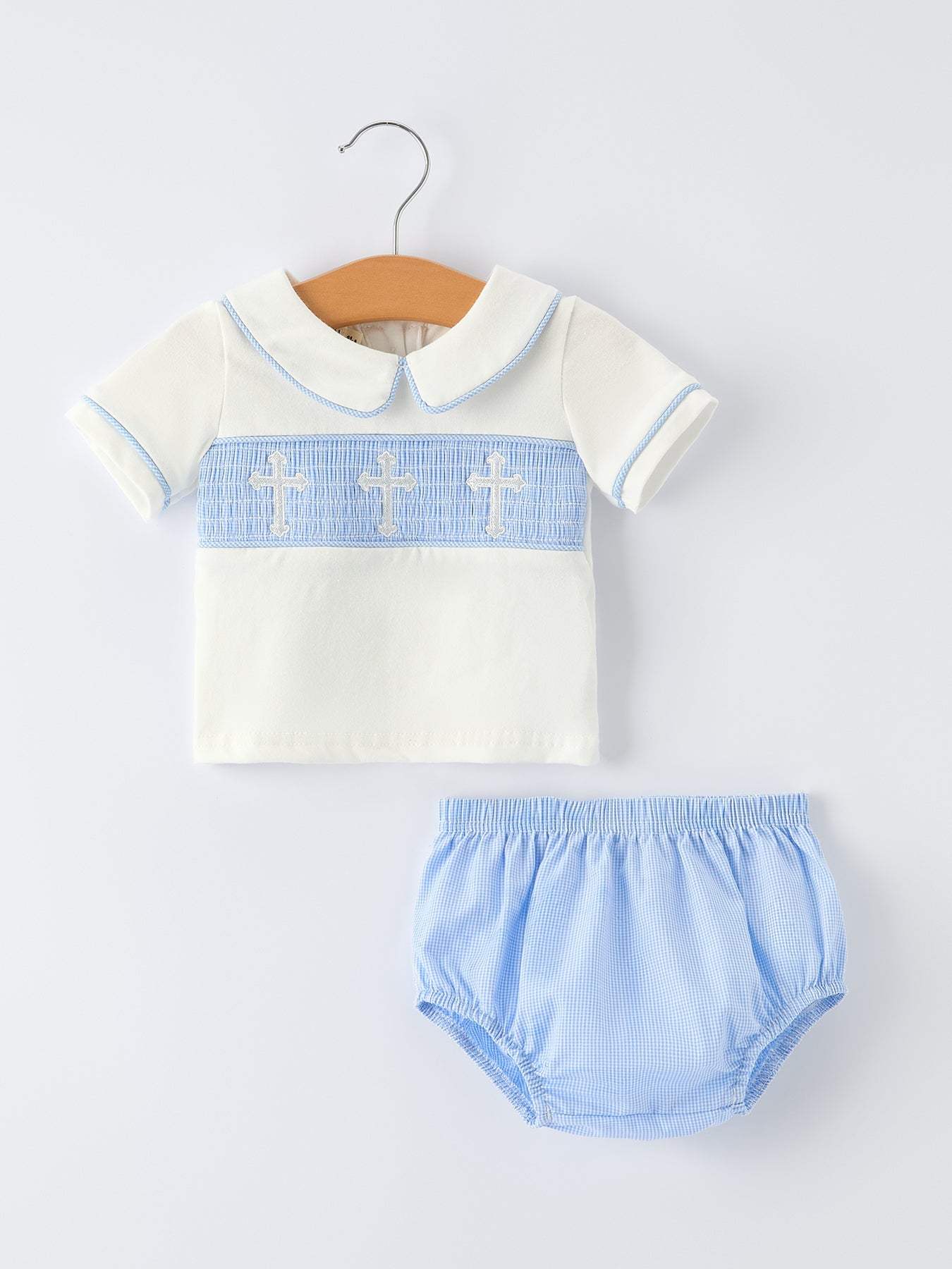 Blue Smocked Church Christ Bishop Christening Baby Boy Bloomer Set romper front view