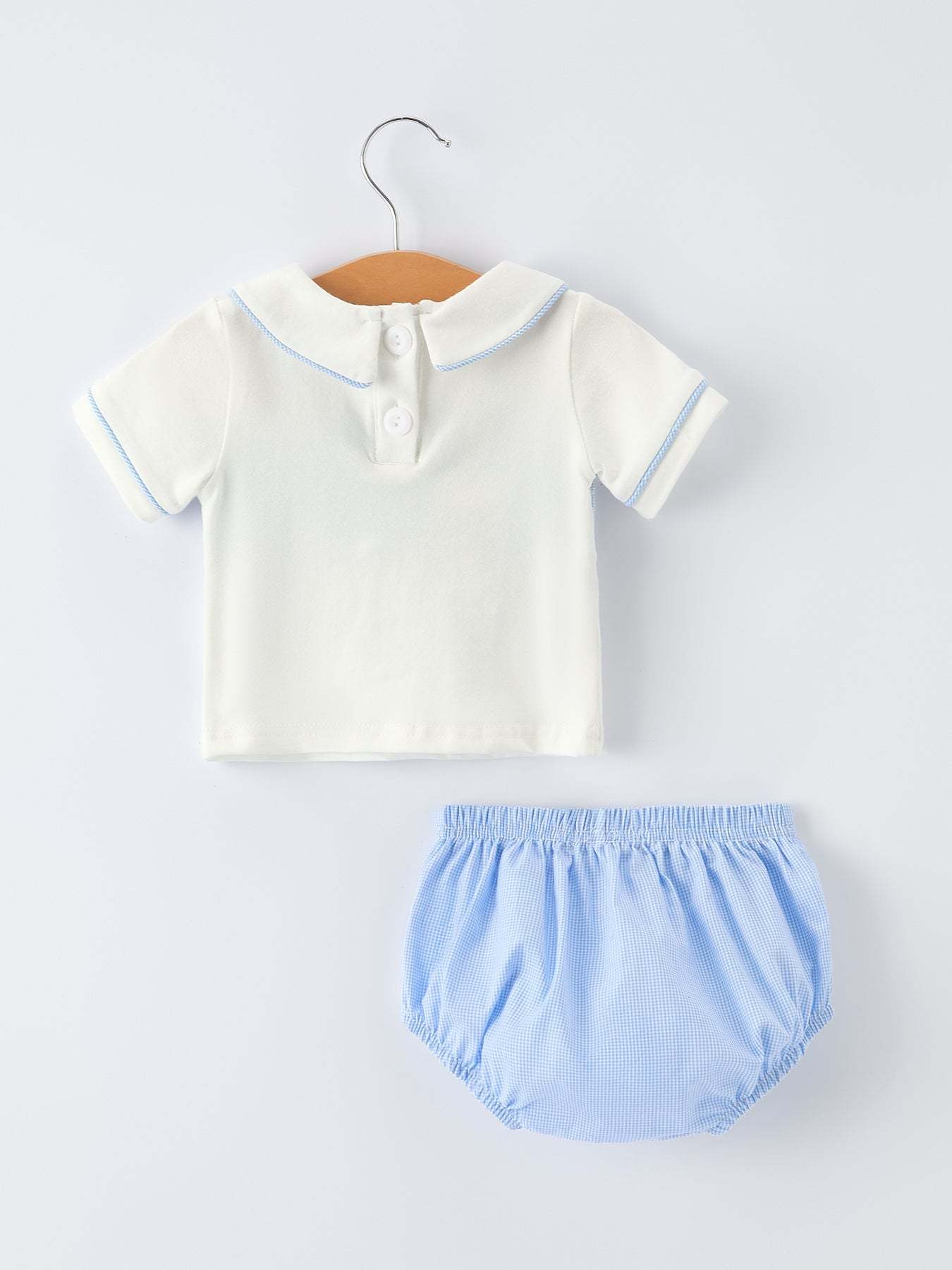 Blue Smocked Church Christ Bishop Christening Baby Boy Bloomer Set romper detail view