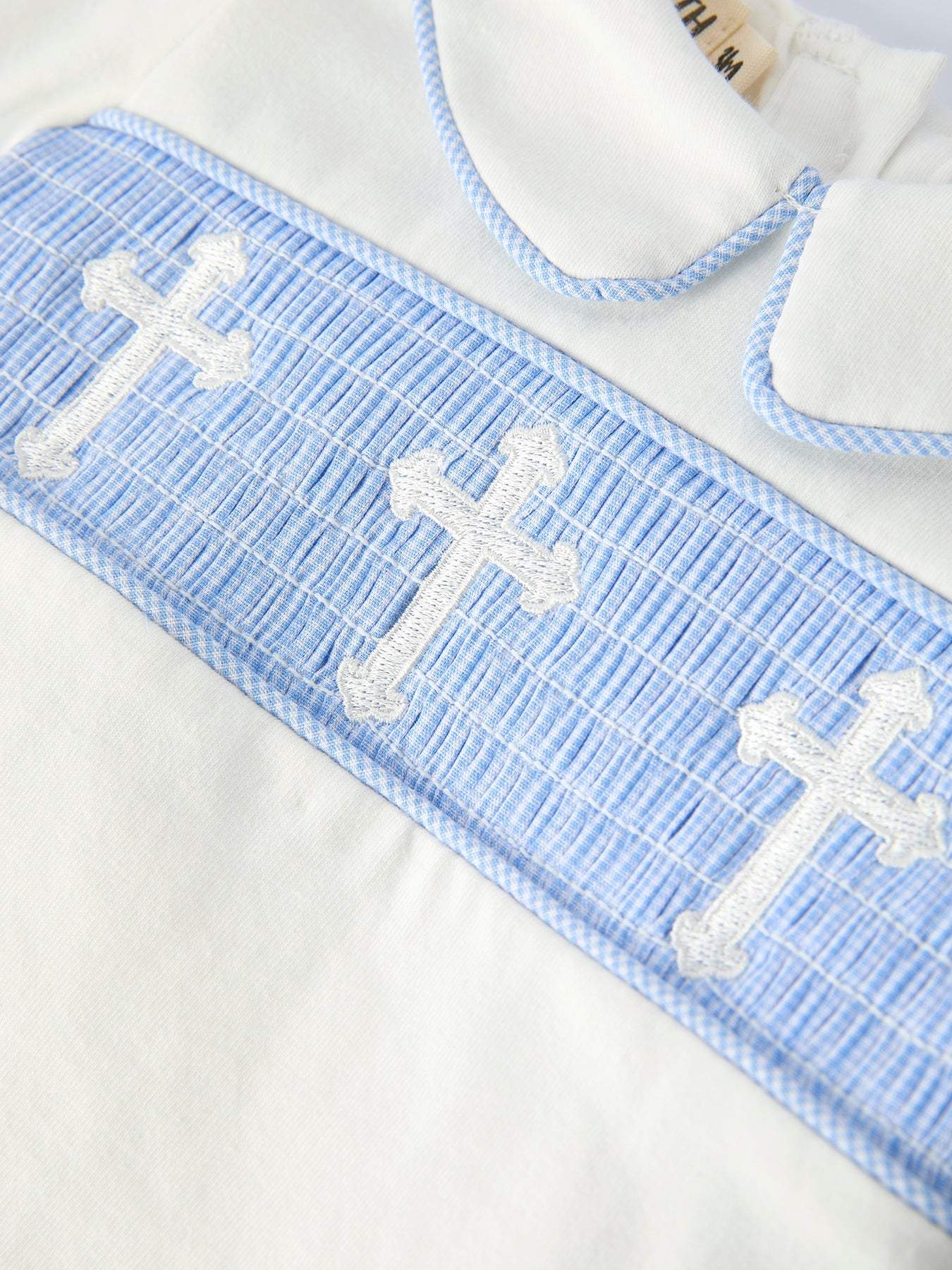 Blue Smocked Church Christ Bishop Christening Baby Boy Bloomer Set romper back view