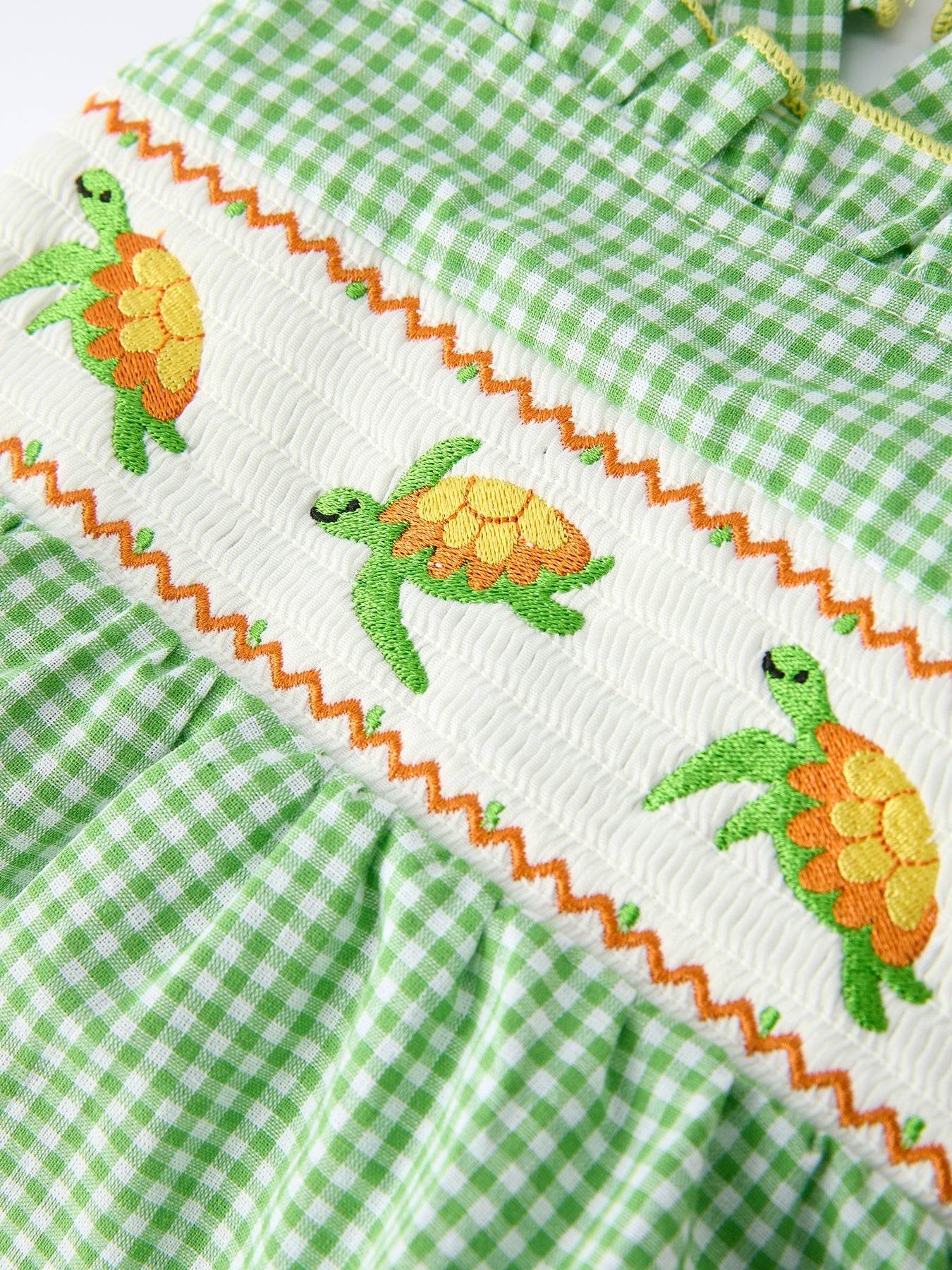 Spring Turtle Smocked Baby Girls Bloomers Set
