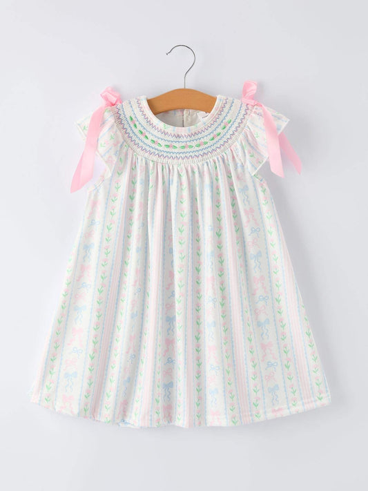 Girl Bow Stripe Smocked Dress