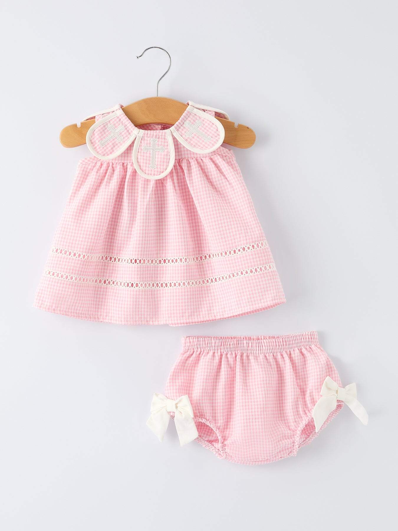 Pink Smocked Church Christ Bishop Christening Baby Girls Bloomer Set romper front view