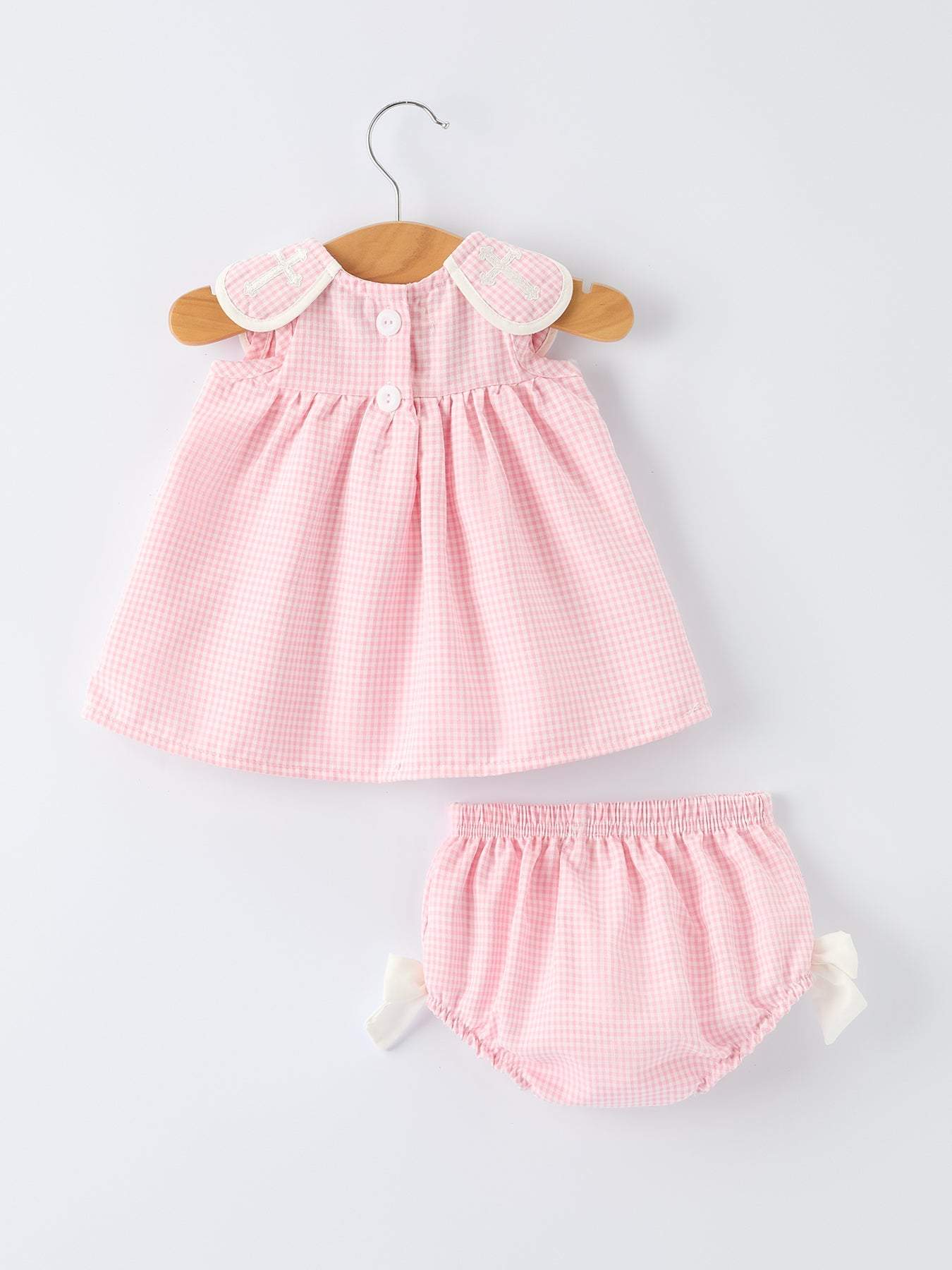 Pink Smocked Church Christ Bishop Christening Baby Girls Bloomer Set romper detail view