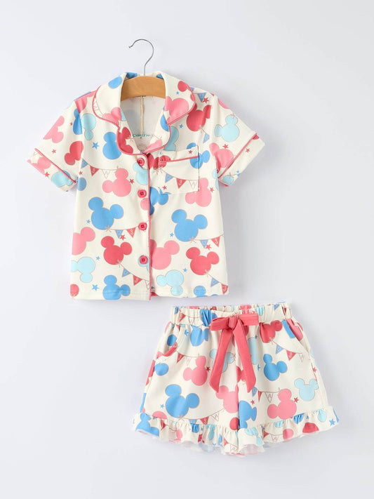 4th Of July Red Blue Print Girls Pajamas Set