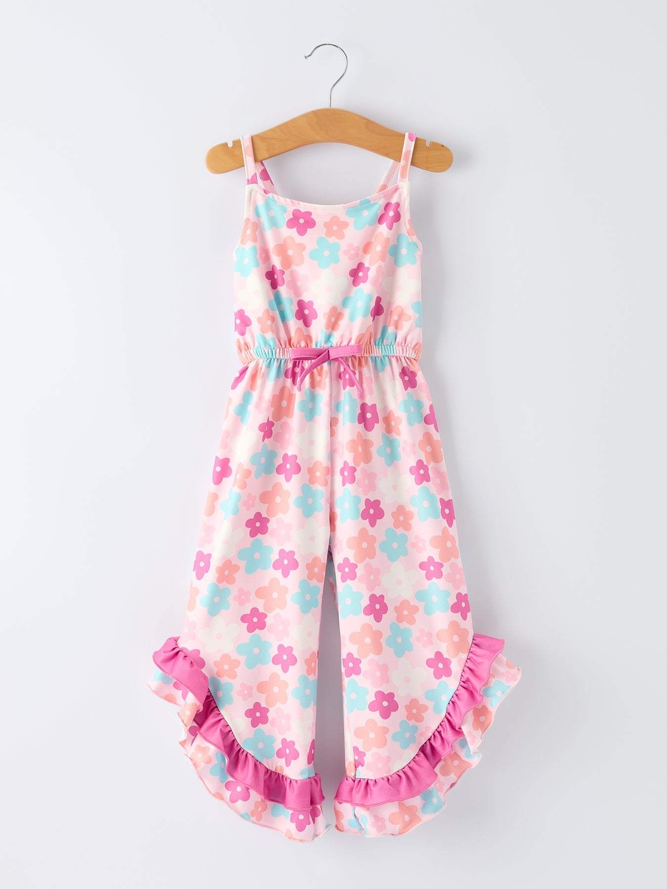 Girl Colorful Floral Ruffle Sling Flared Jumpsuit front view