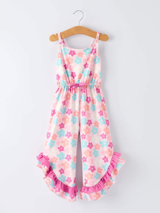 Girl Colorful Floral Ruffle Sling Flared Jumpsuit