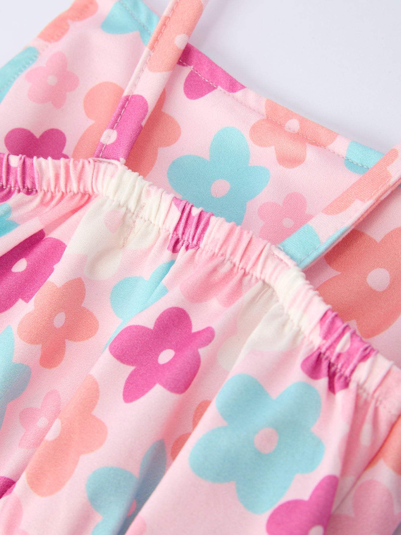 Girl Colorful Floral Ruffle Sling Flared Jumpsuit fabric and material close-up