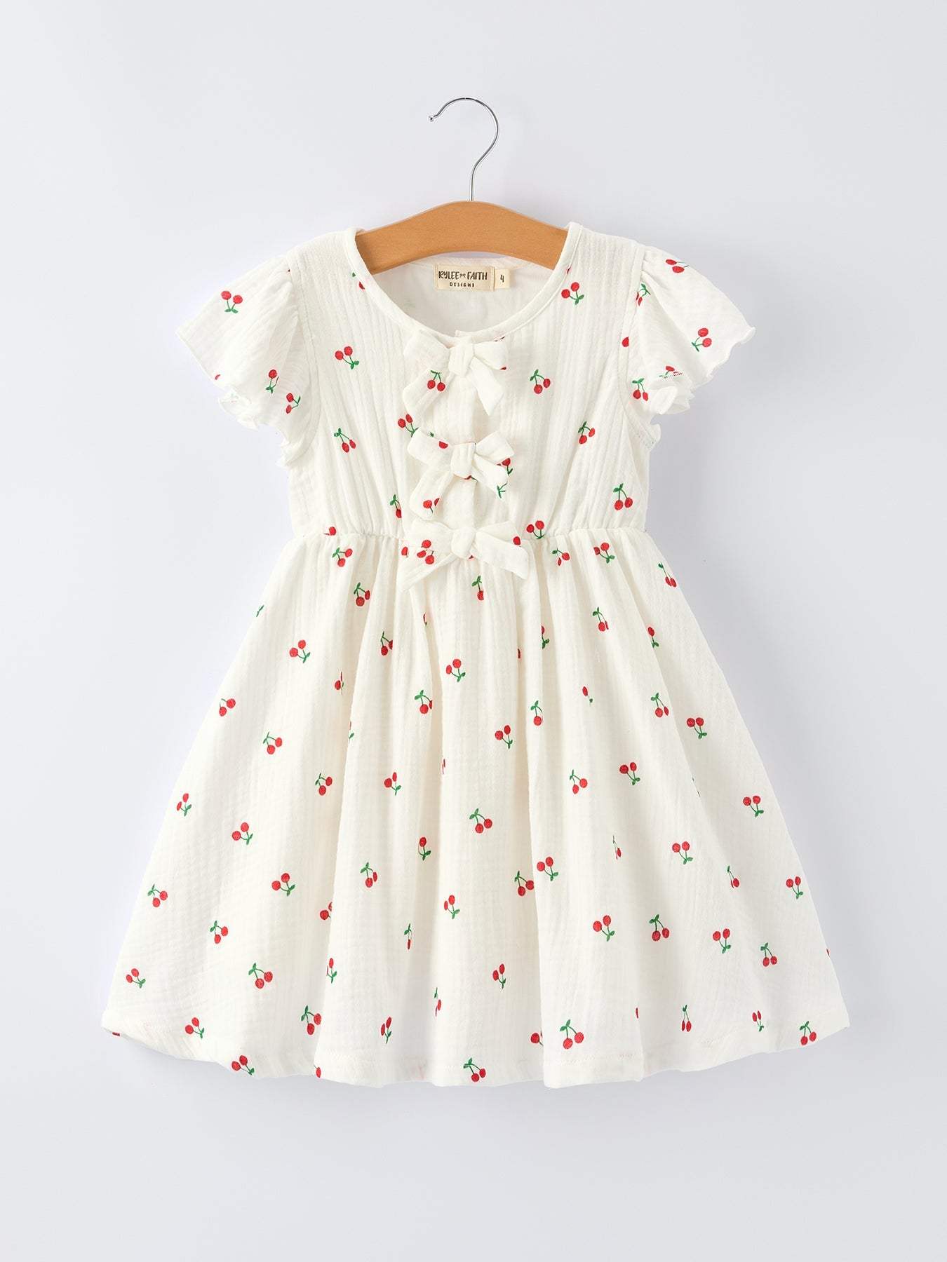 Cherry Print Girls Dress Ruffle Sleeves - front view