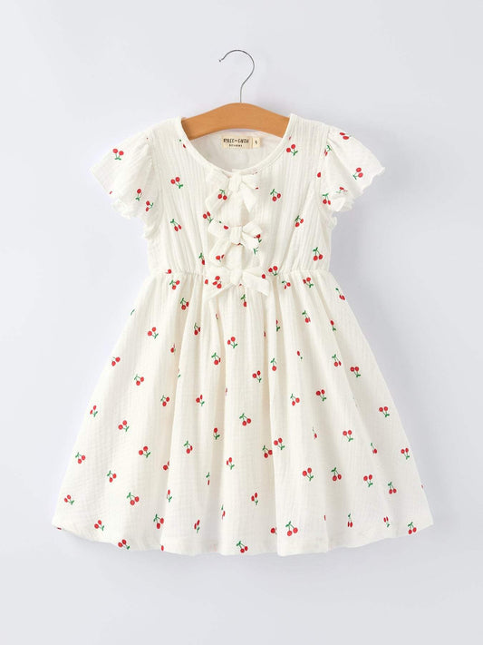 Cherry Print Girls Dress Ruffle Sleeves